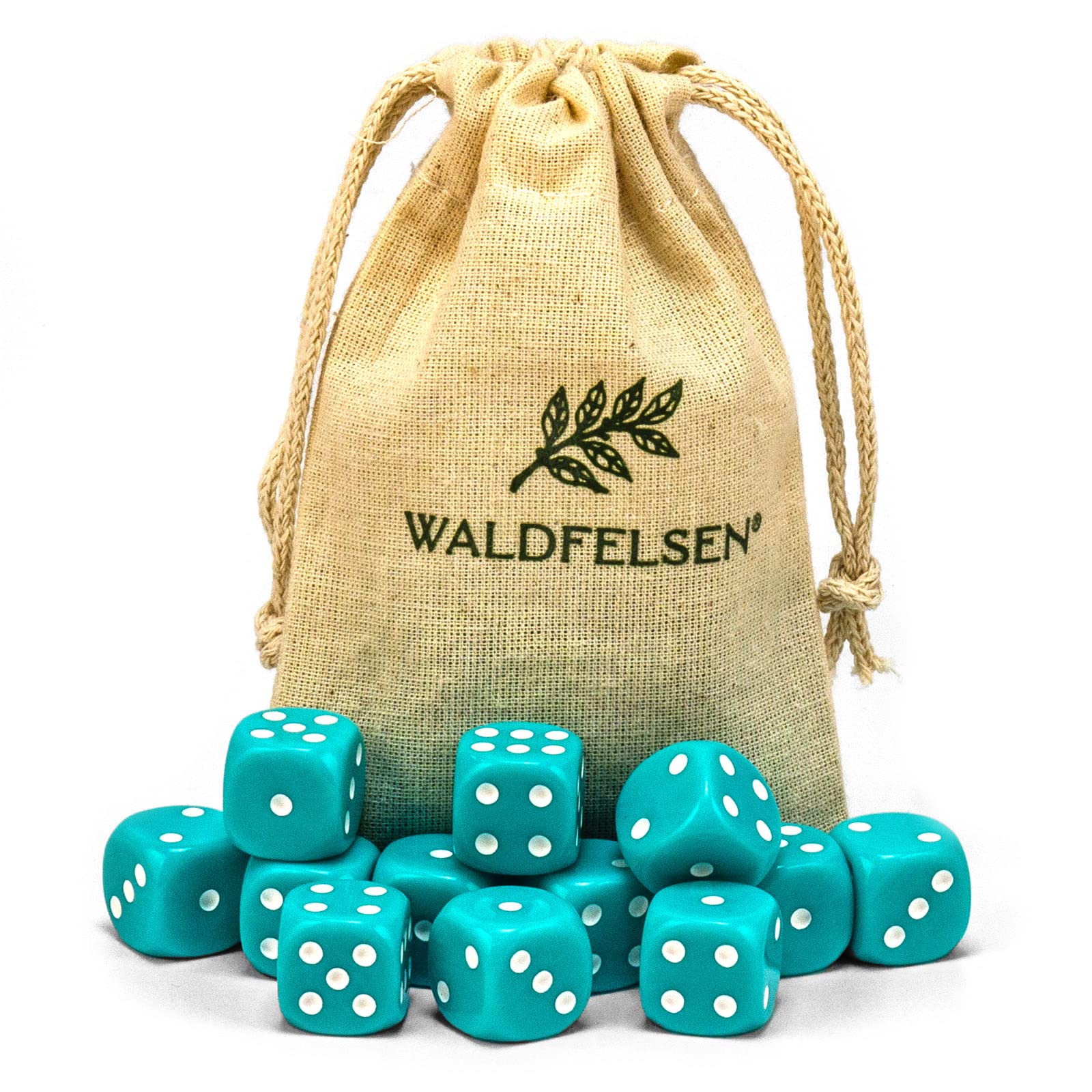 Waldfelsen® 6, 12, 20, 30 or 50 High Quality Cubes Standard Size 16 mm Acrylic Cube Puzzle Play Cube Dice 6-Sided Six-Sided Play Accessory Set with Cloth Bag (Turquoise, 12 Pieces)
