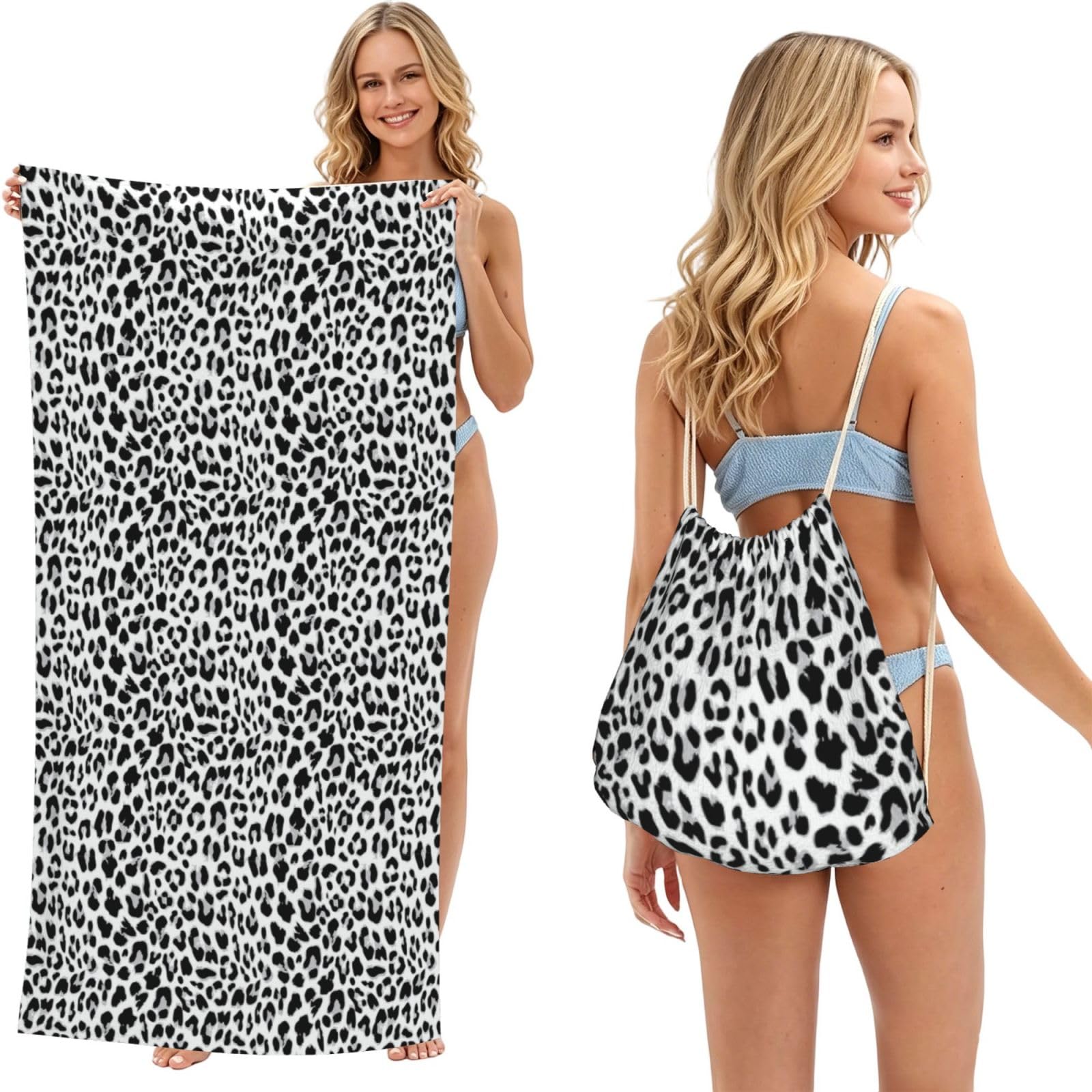 Poadnly As Picture Leopard Seamless Pattern Design Background, 2 In 1 Packable Towel Bag, Beach Towels With Drawstring Backpack For Travel Holiday Camping