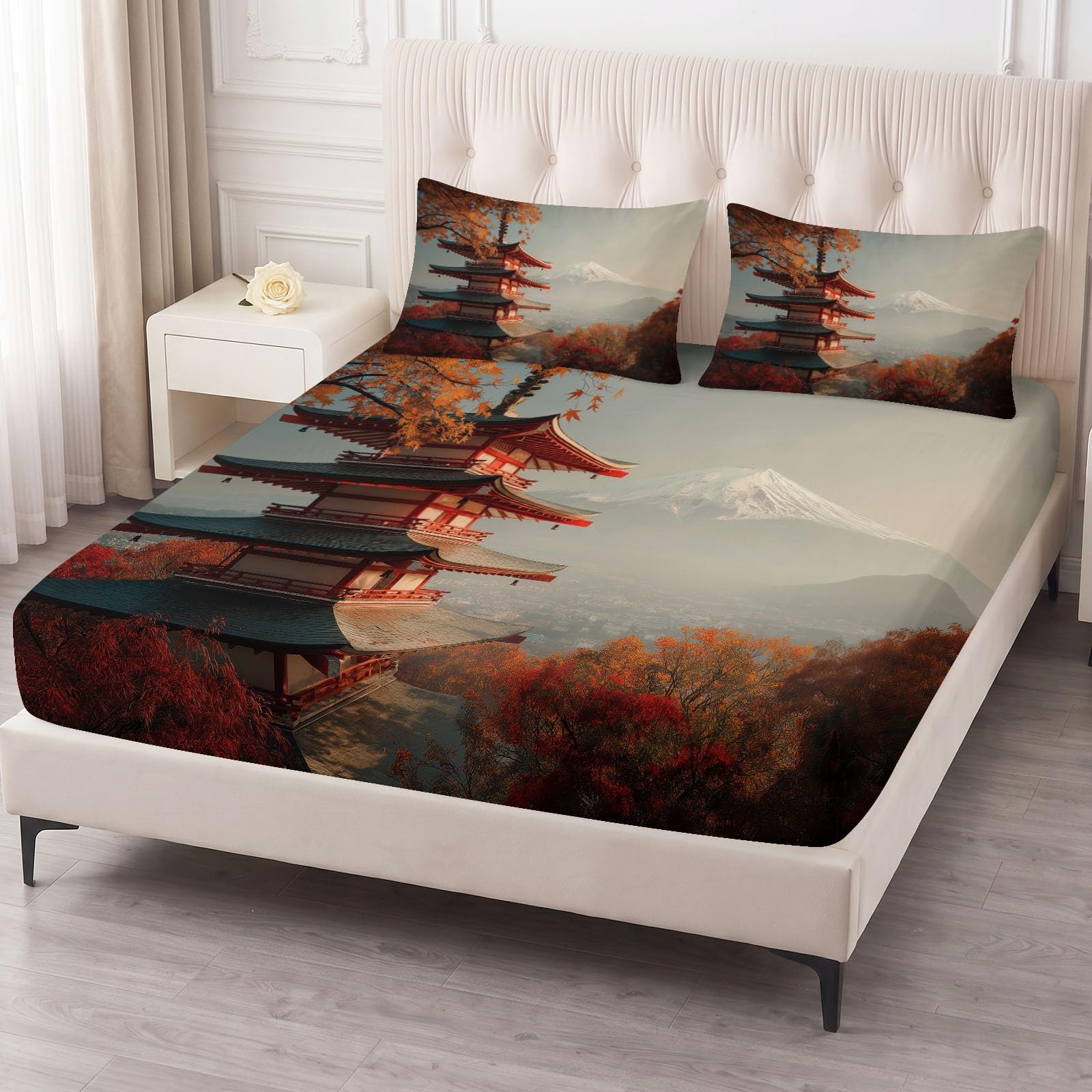 Podwójne prześcieradło z gumką, 135 x 190 cm, pościel w stylu japońskim