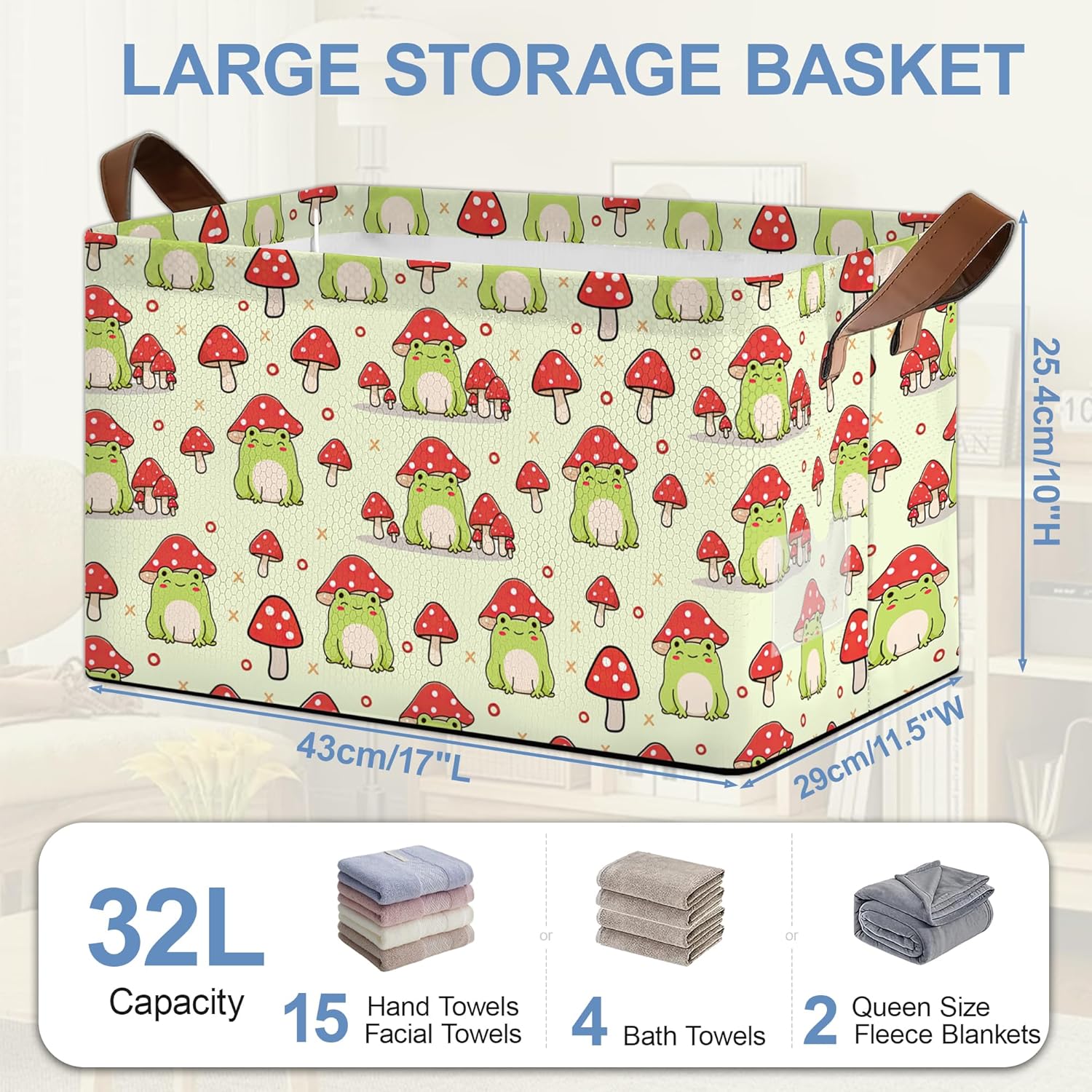 Cute Frog Storage Basket,Mushroom Collapsible Storage Bin Cubes for Living Room Bedroom Blankets Home Storage 17x11.5x10Inch