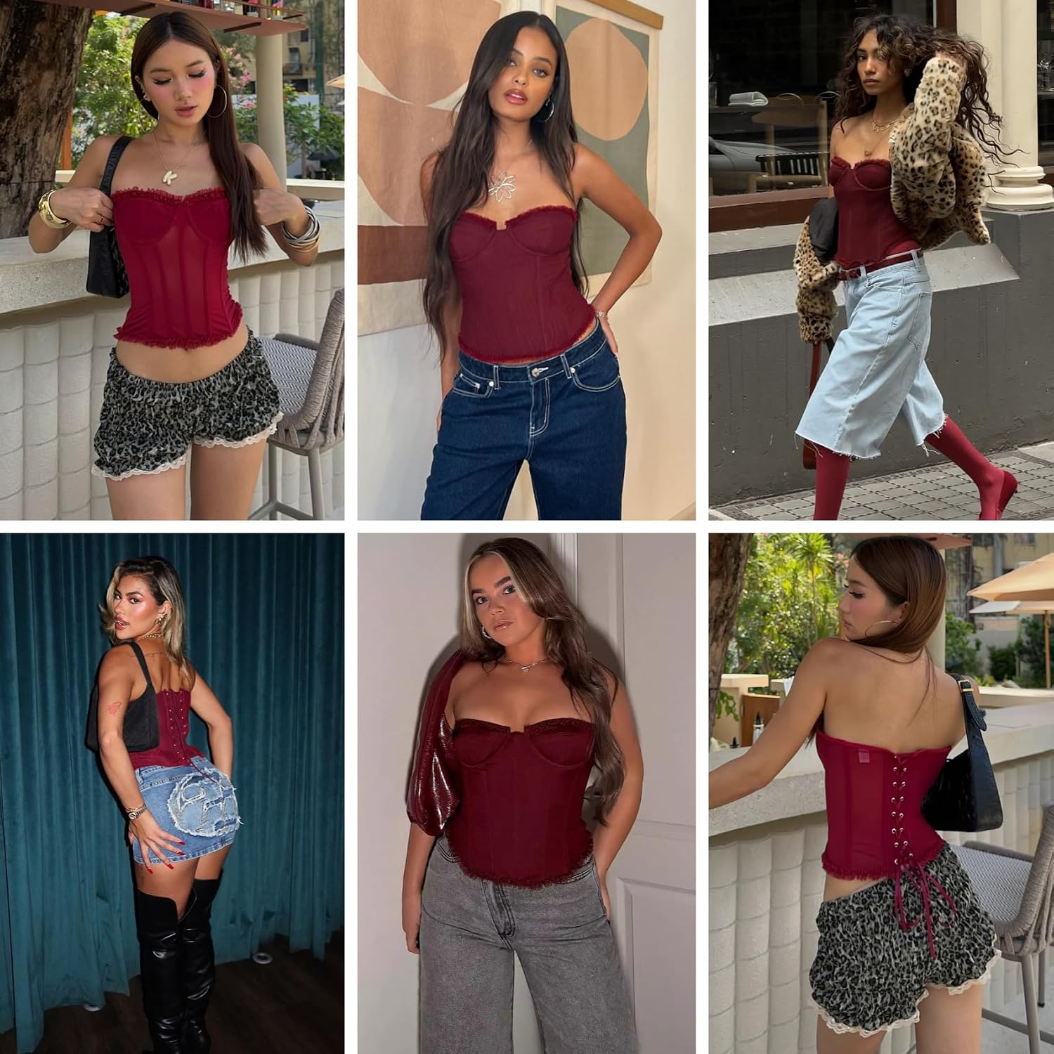 RARITYUS Women’s Sexy Sheer Mesh Ruffle Trim Bustier Corset Tube Top Strapless Lace Up Crop Tops Boned Body Shaper