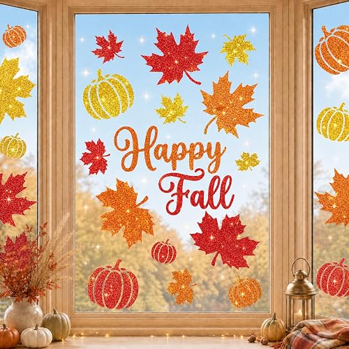 Glitter Fall Window Clings Autumn Thanksgiving Window Stickers Decals Decor