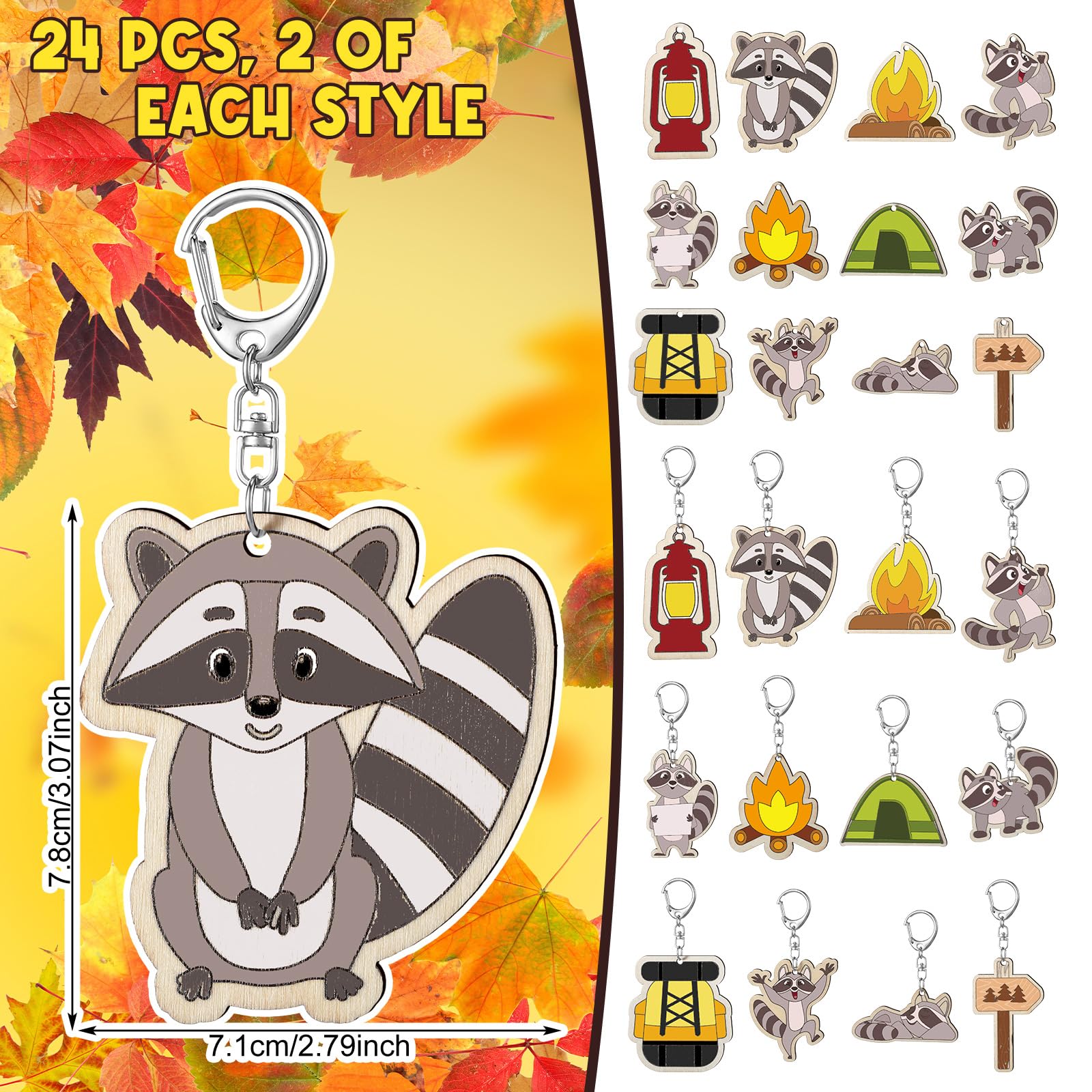 RattanView 24 Pcs Camp Craft Color Your Own Keychains DIY Craft Wooden Blank Keychains for Sunday School Classroom Home Active Party Favors Gifts, 12 Styles