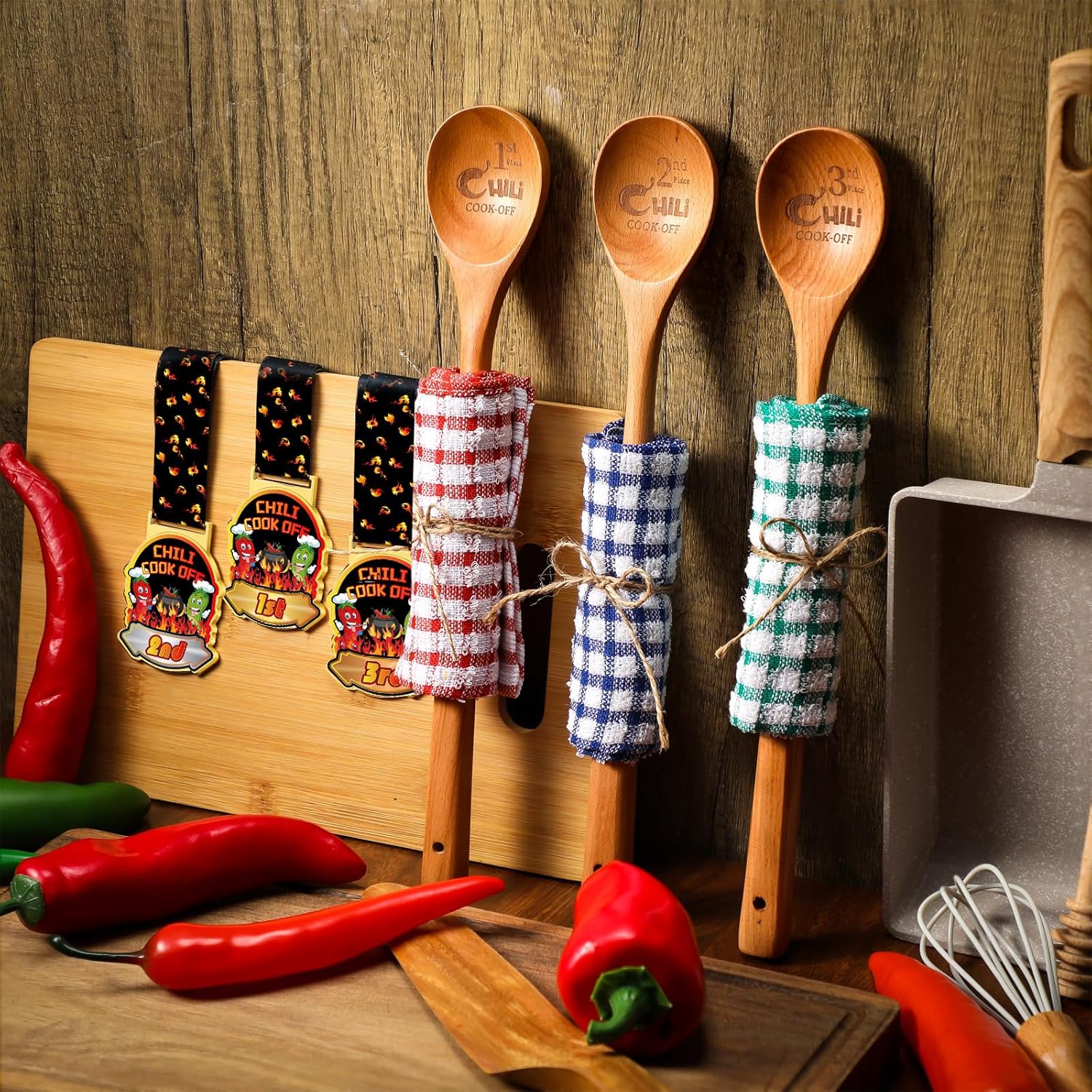 Quelay 9 Pcs Chili Cook off Trophies Prizes Set 1st 2nd 3rd Place Metal Medals Wooden Spoons for Cooking Cotton Towels Chili Cook off Decorations Cooking Gifts for Men Women Festivals Supplies - Image 2