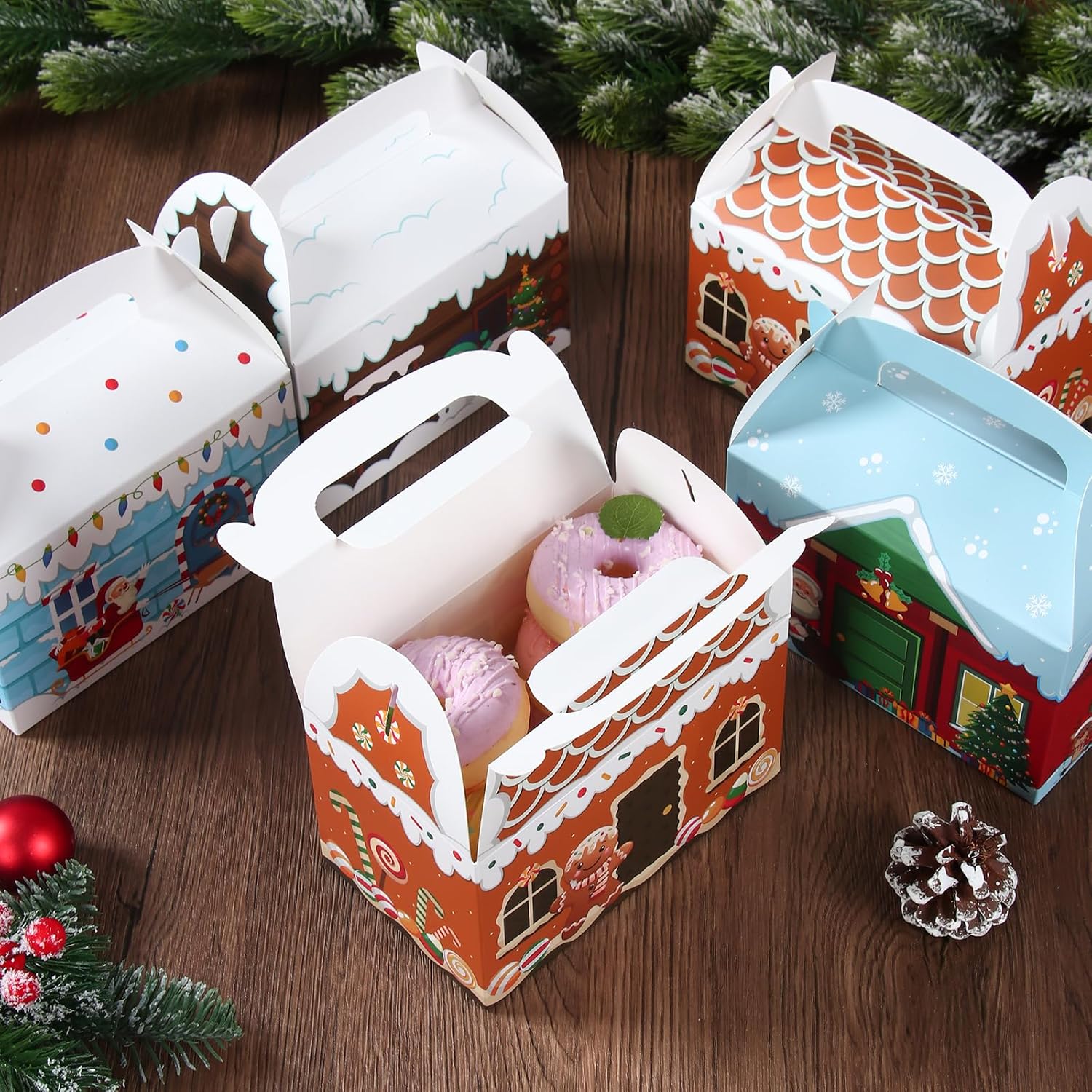 Patimate 24pcs Christmas Cookie Boxes for Gift Giving, 4 Style 3D Xmas House Cardboard Treat Boxes with Handles for Christmas Goodie Candy Holiday Party Favor Supplies - Image 8