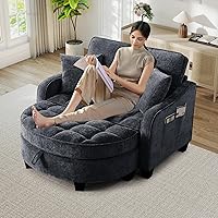 Vista 12 de Silla Chaise Lounge de Interior, Silla de Sofá de Chenilla de Gran Tamaño con Otomana de Almacenamiento y Respaldo Ajustable, Sofá Biplaza Cian