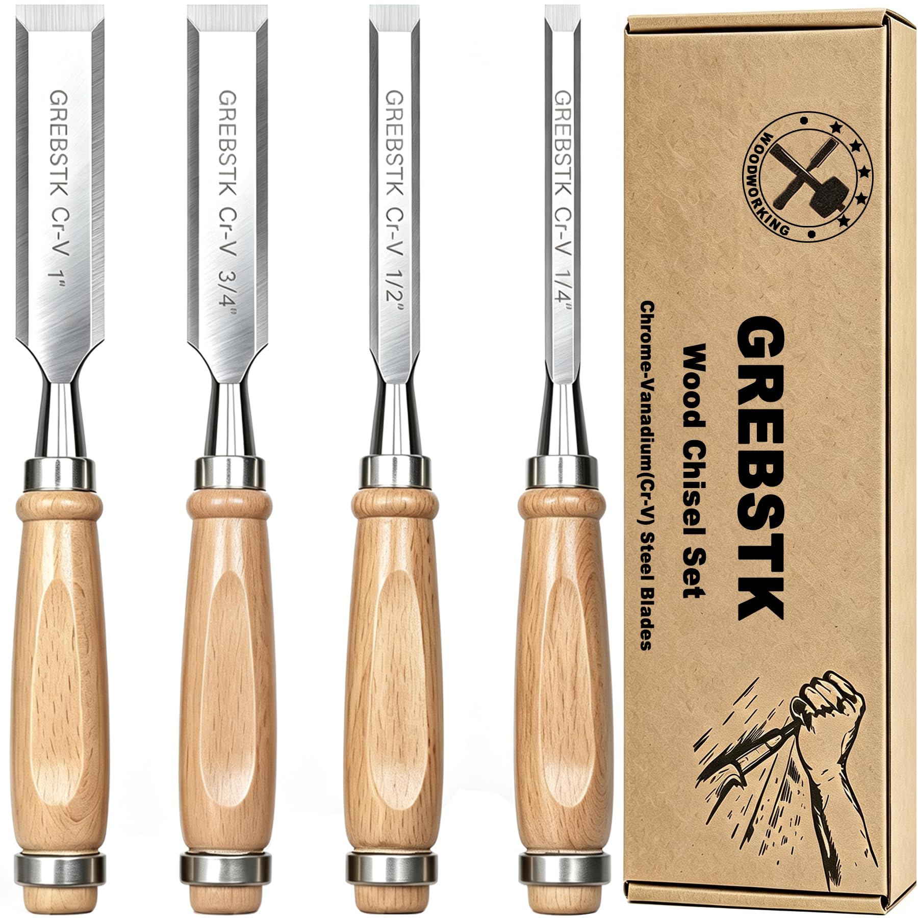 Professionelles Holzmeißel-Werkzeug-Set aus robustem Chrom-Vanadium-Stahl, 4 Stück, 1/4 Zoll, 1/2 Zoll, 3/4 Zoll, 2,5 cm (Oxford-Tasche)