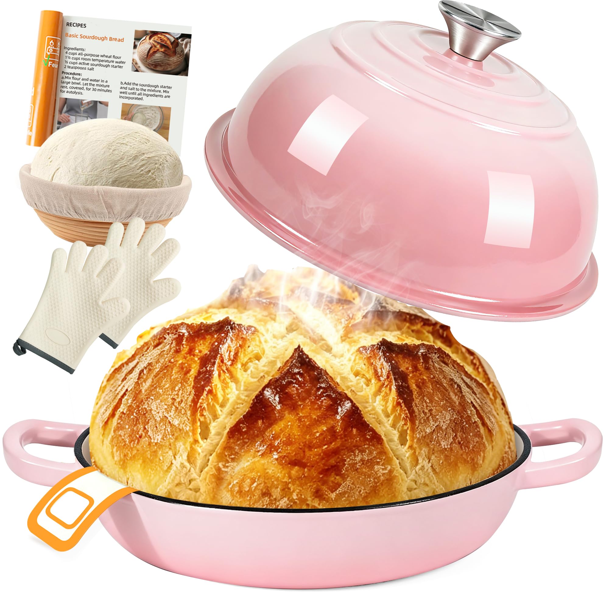 Gusseisen Topf Brot Backen,5,7L Bräter Emaille Schmortopf mit Deckel und Griffen,26 cm Dutch Oven,Brotbacktopf mit Gärkorb,Schmortopf Gusseisen Topf für Küche Backen Schmoren & Braten (Rosa)