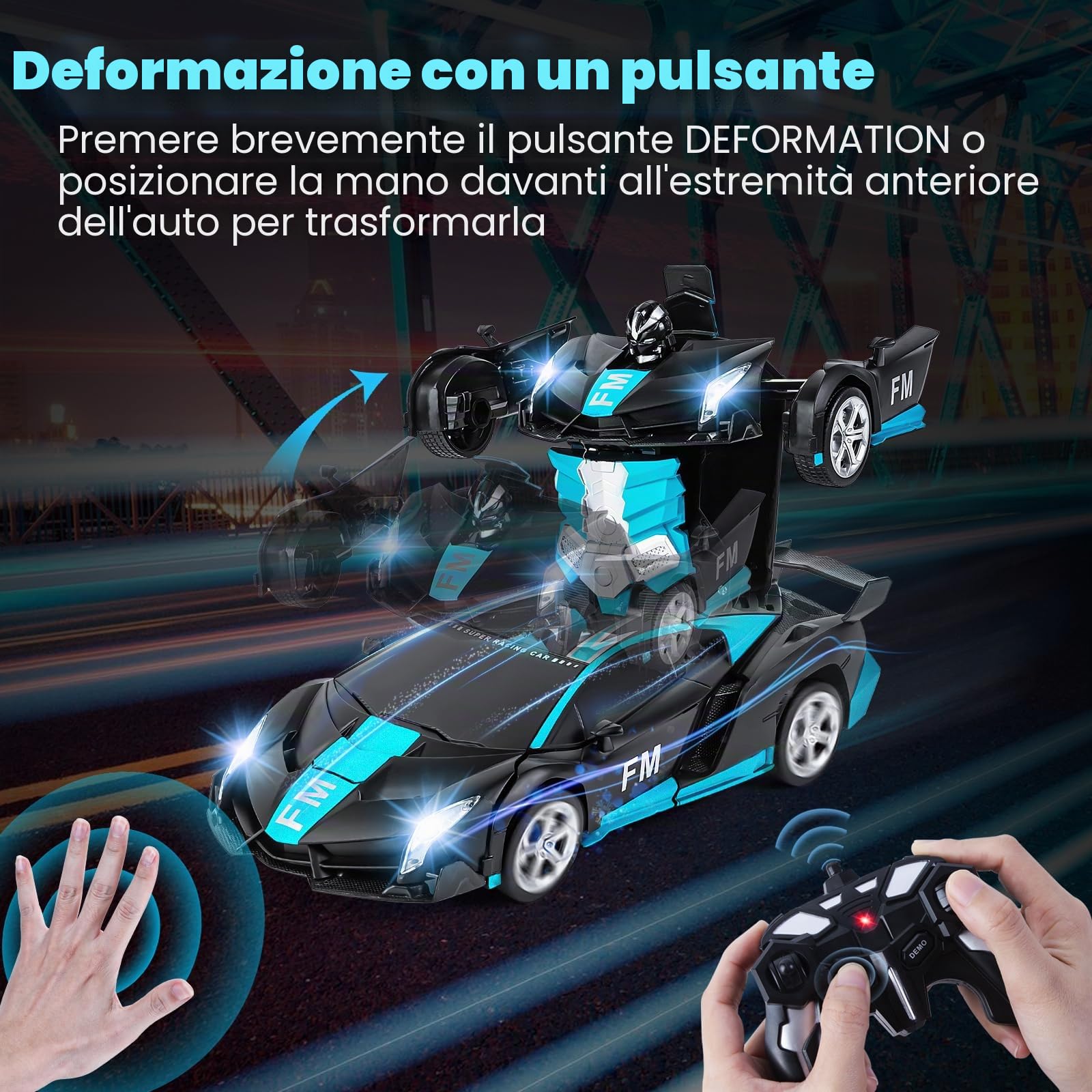 Transform Macchina Telecomandata Giocattoli, Auto Telecomandata con Sensore di Movimento, RC Robot Car con Effetto Luce e Suono, Macchina Radiocomandata per Bambini 4 5 6 7 8 9 10 Anni