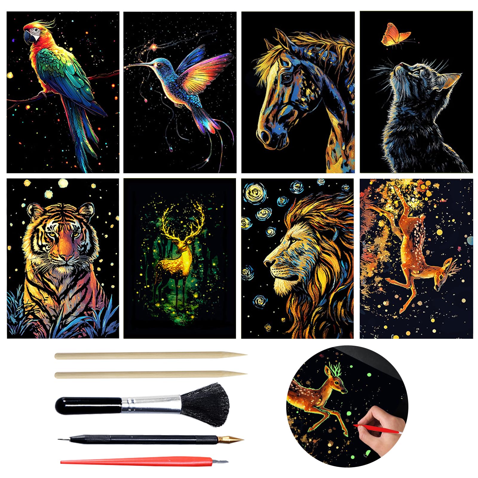 SwirlColor Scratch Art for Kids Adults 8Pcs, Glowing Animal Scratch Art Paper Colour Engraving Scraping Painting with 5pcs Tools