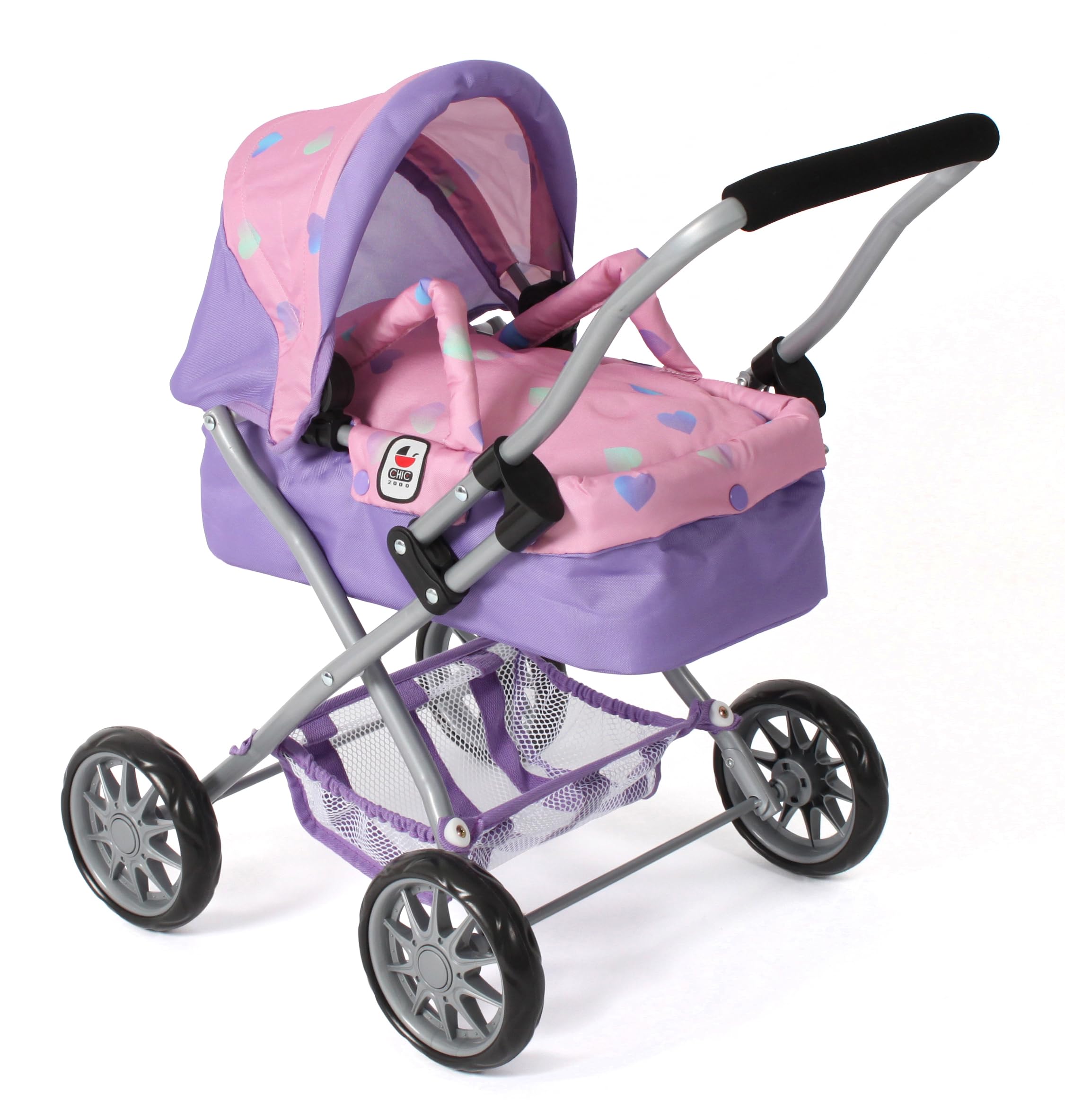 Bayer Chic 2000® Wózek dla lalek Smarty – serduszko fioletowe – składany – z daszkiem, torbą, poduszką i kocem – wysokość uchwytu 56 cm – dla dzieci od 2 lat,