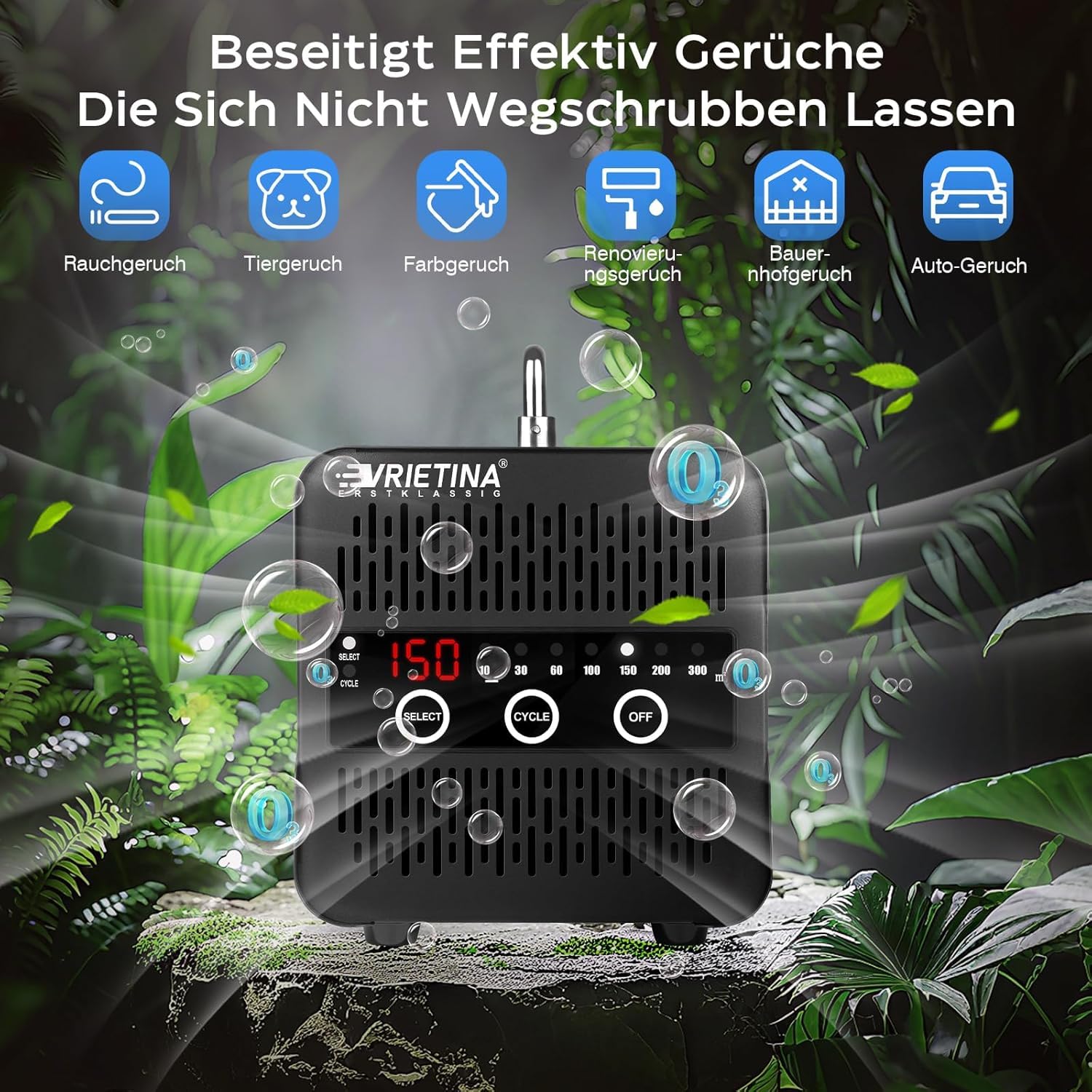 Ekran dotykowy O3 generator ozonu 100000 mg/h do samochodu, mieszkania, zwierząt domowych, kuchni | do 300 ㎡, timer 120 min, 35 dB, przemysłowy ozonator, ozonator, oczyszczacz powietrza, neutralizator zapachów