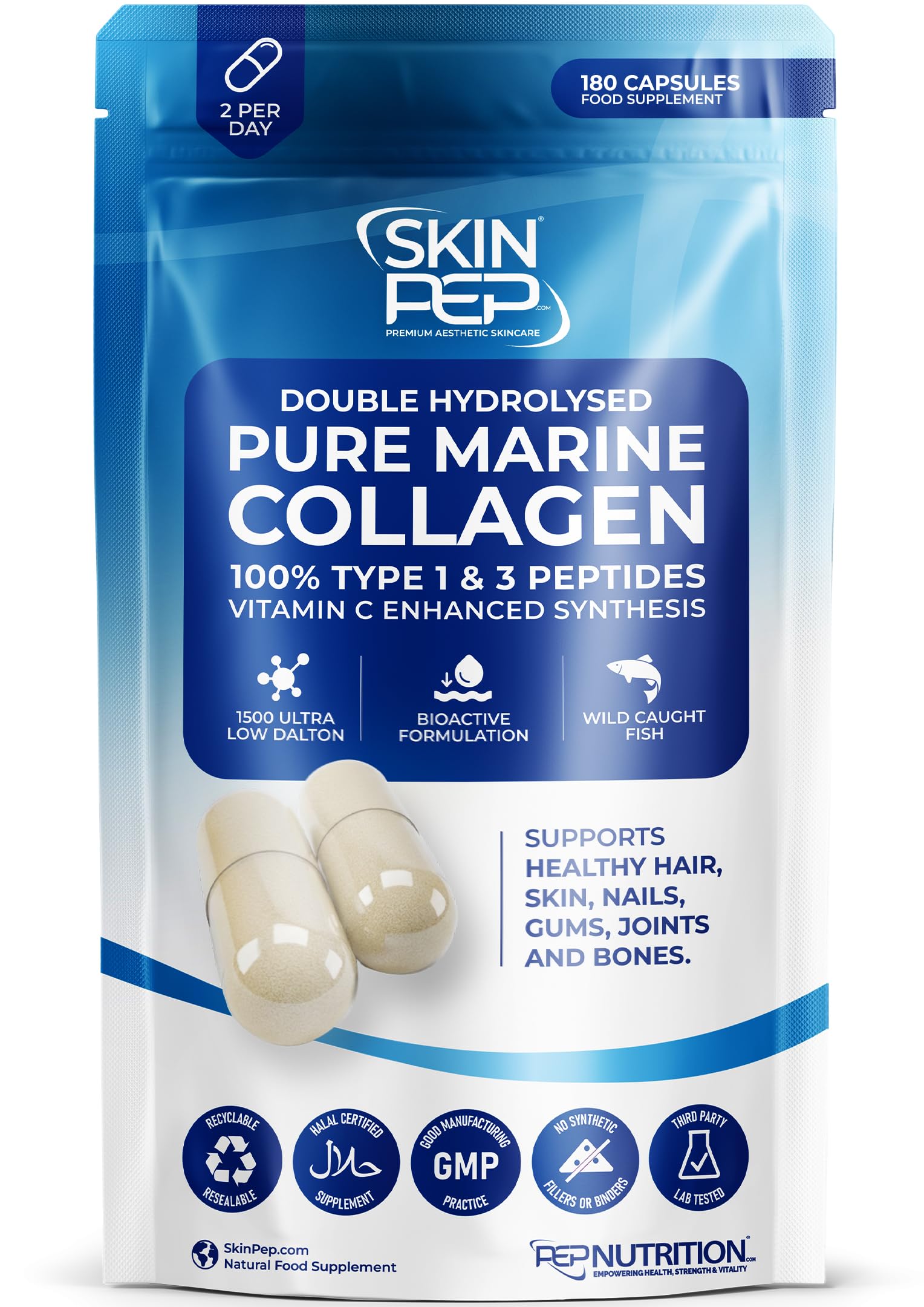 100% Pure Marine Collagen (180 Capsules) - 1270mg (Not Collagen Powder) - 3 Months Supply - Collagen Supplements for Women & Men Premium Double Hydrolysed Triple Filtered Type 1&3 Peptides by SkinPep