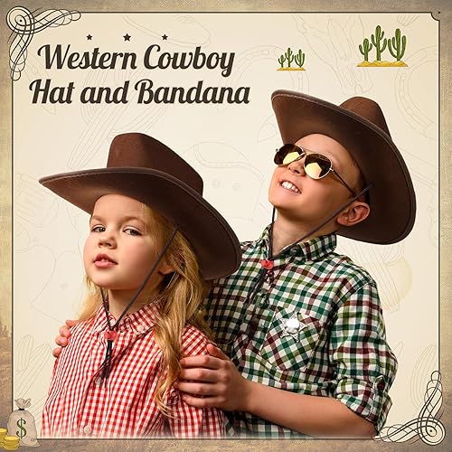 Miniatura 5 de Unittype Juego de 12 sombreros de vaquero para niños, sombrero de vaquera occidental y bandanas de poliéster para niños y niñas, disfraces de