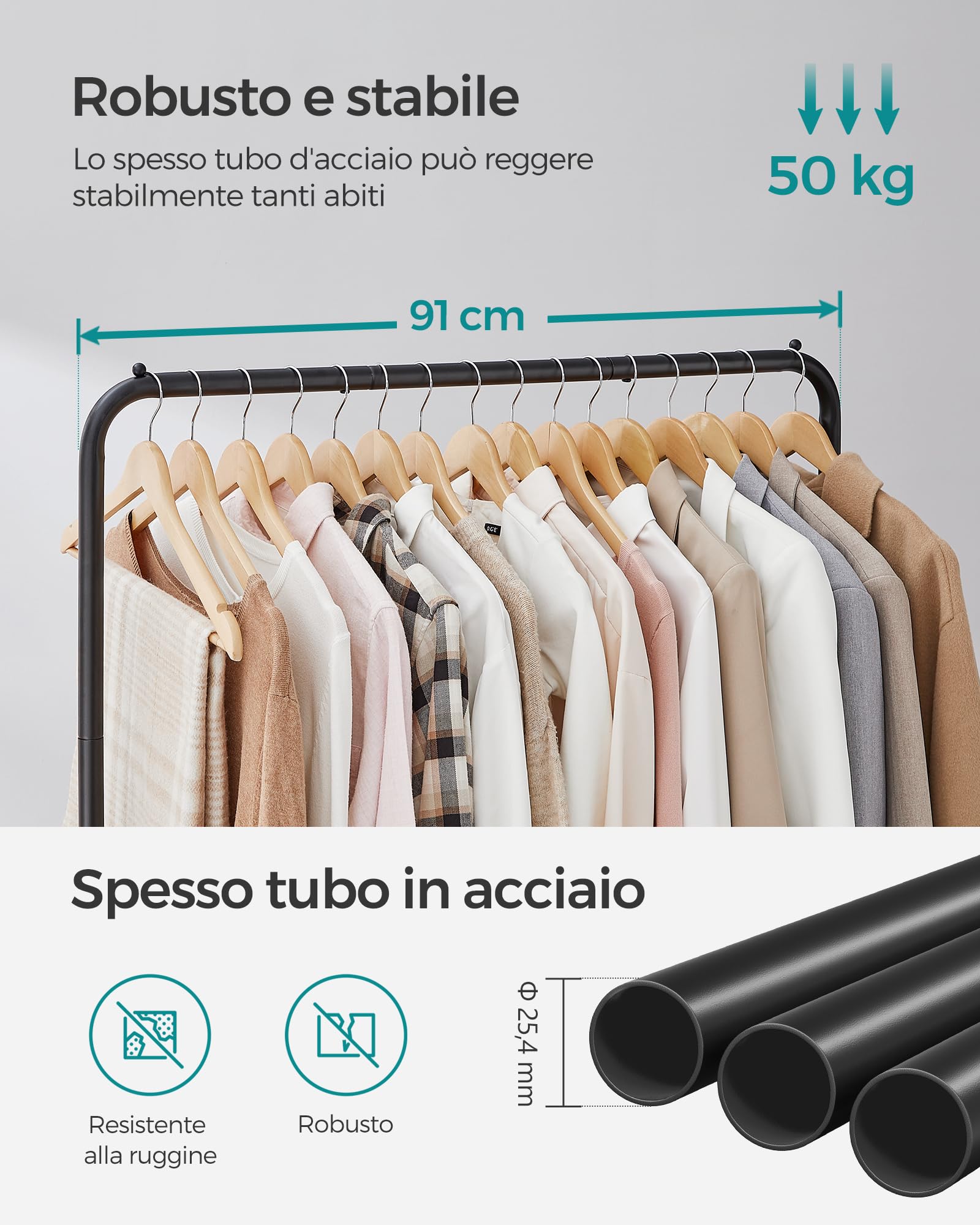SONGMICS Stand Appendiabiti Doppio, Struttura in Acciaio, Largo 91 cm | con Ripiano Portaoggetti e Rotelle, 2 Ruote con Freni, Portata di Ogni Barra di 10 kg, Nero, Collezione PATAYE HSR027B01