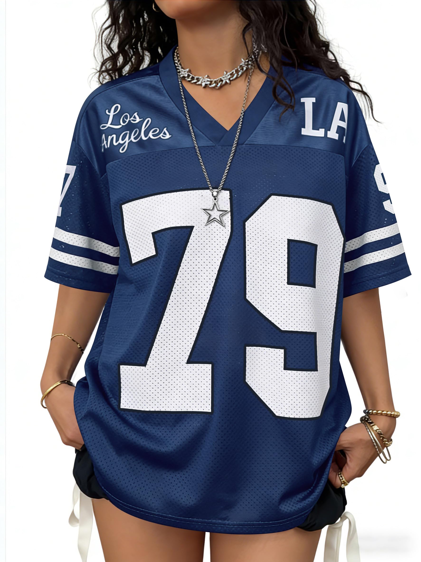 Plameil Jersey Shirts for Women Oversized Graphic Tees Men Y2K Tops V Neck, Blue, M