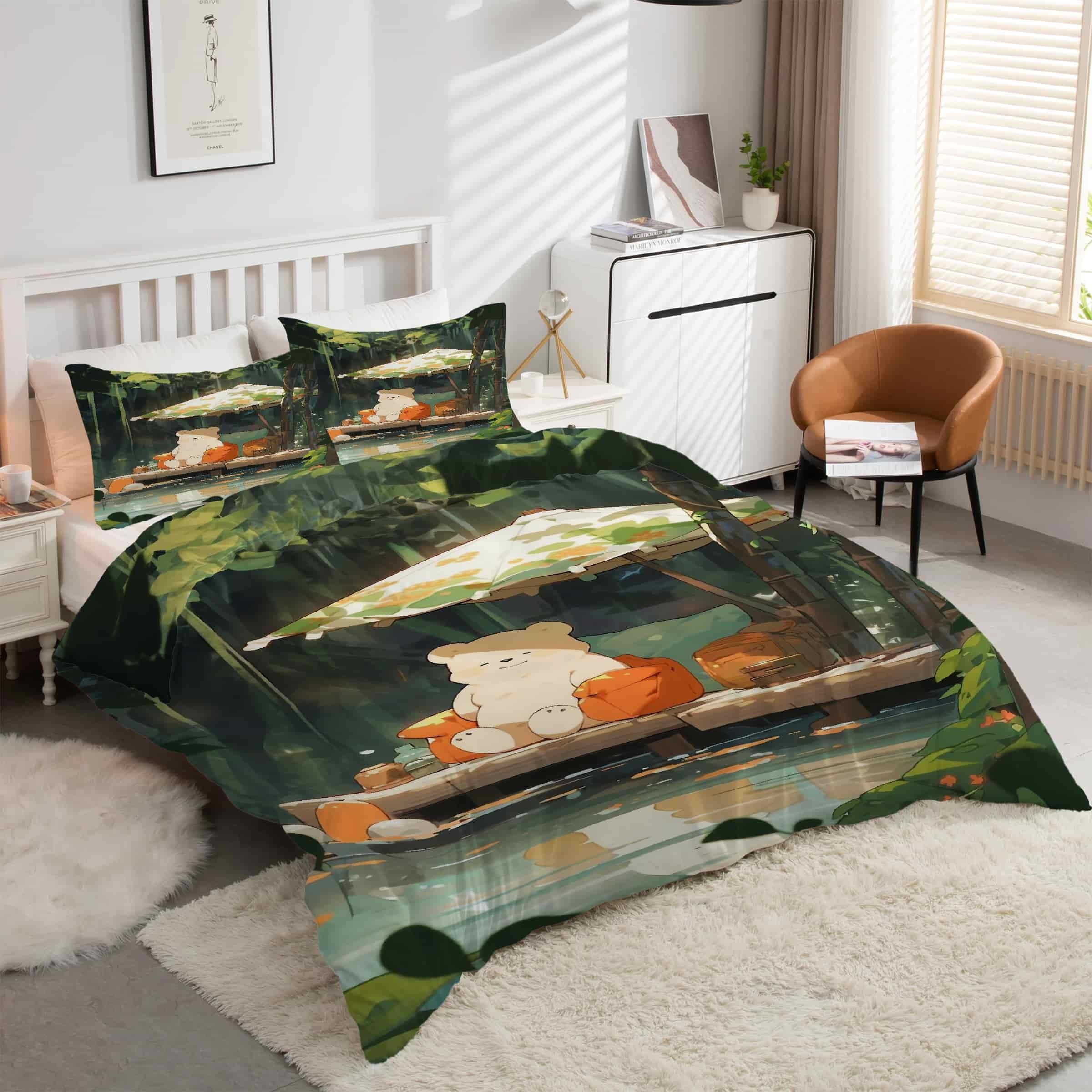 Housse de Couette 160x200 Ours Anti Glissement avec Zip