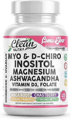 Clean Nutra LunaGlow Myo & D-Chiro Inositol Suplemento con Magnesio, Ashwagandha, Vitamina D3 y Folato - Fórmula todo en uno para equilibrio y apoyo