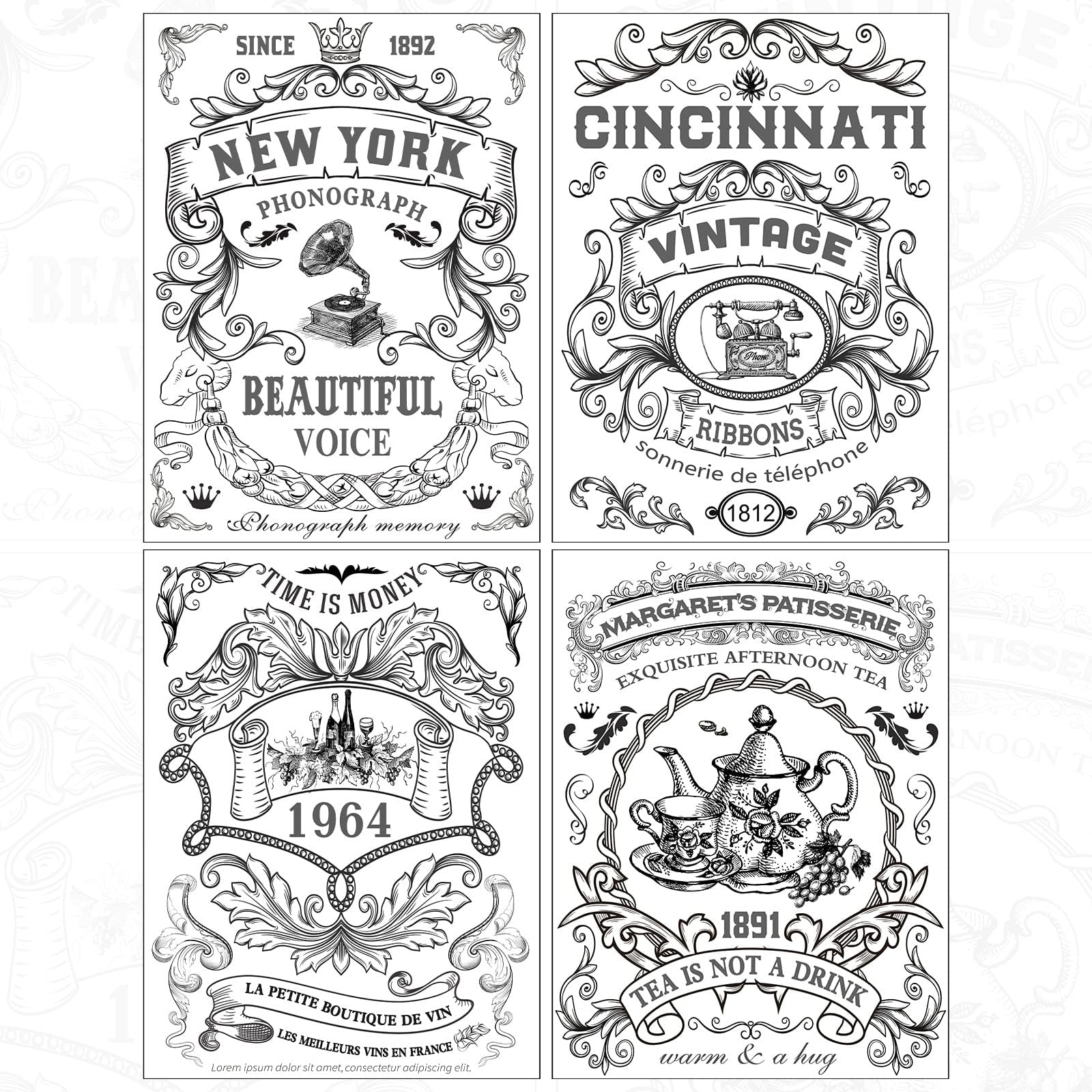 Yinder 4 Sheets Vintage Rub on Transfers Furniture Crafts Home Transfers Black White Retro Pattern Furniture Stickers Decals for Doors Wall Window Mirrors Art Home Decor 12 x 16 Inch