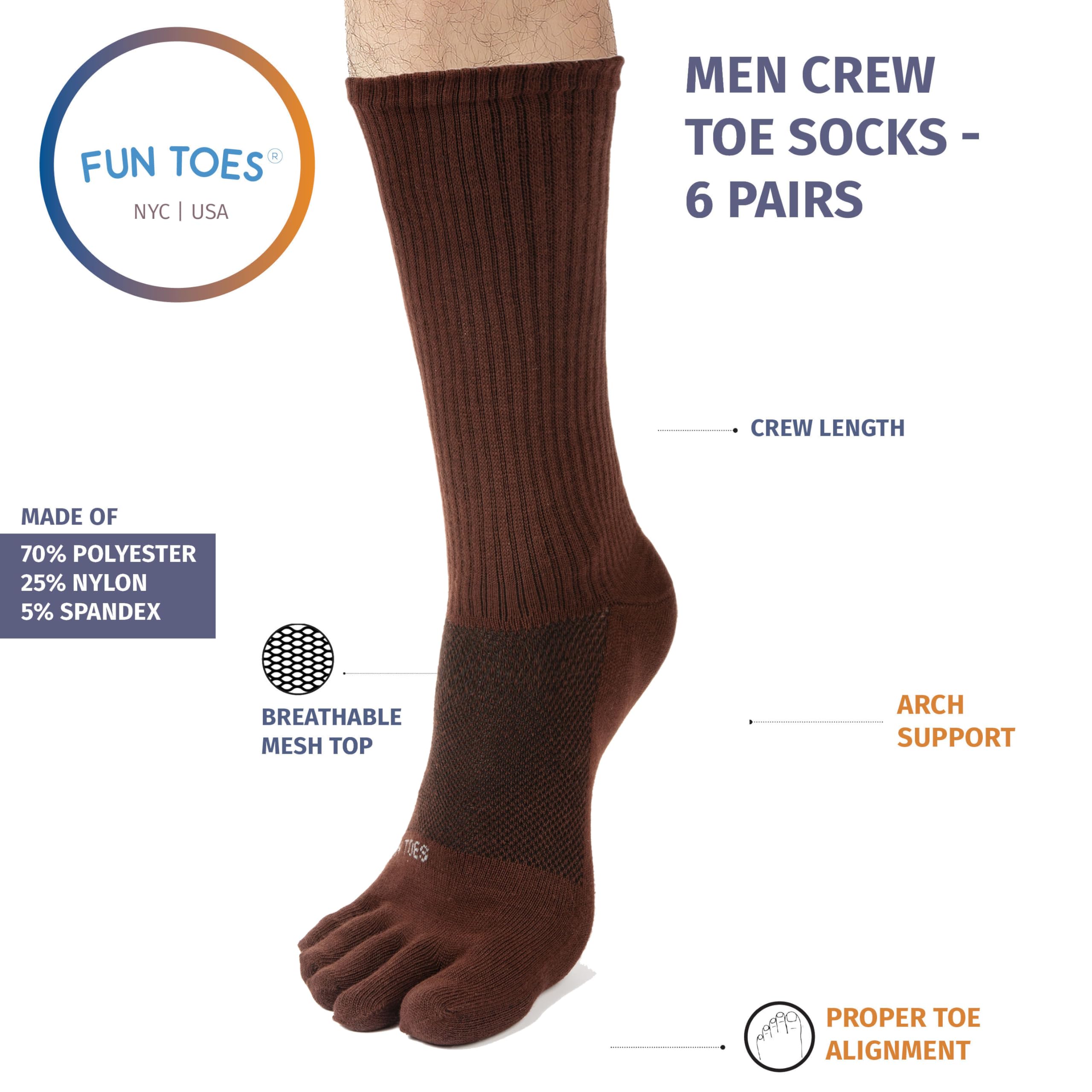 FUN TOES Lot de 6 paires de chaussettes de course à pied pour homme - Alignement correct des orteils - Haut en maille respirante - Taille 39-46, marron, 8-12