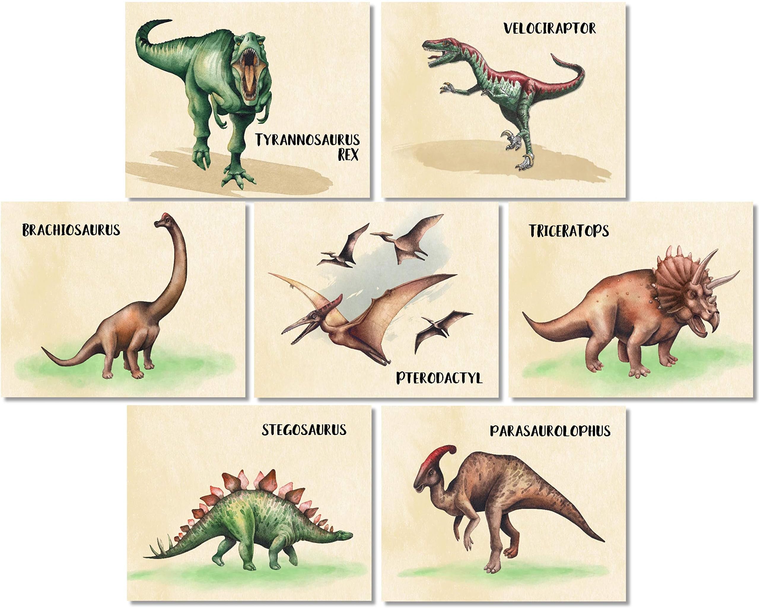 Dinosaur Wall Art Prints - Boys Kids Room Wall Decor (Set of 7) - 8x10 - Unframed