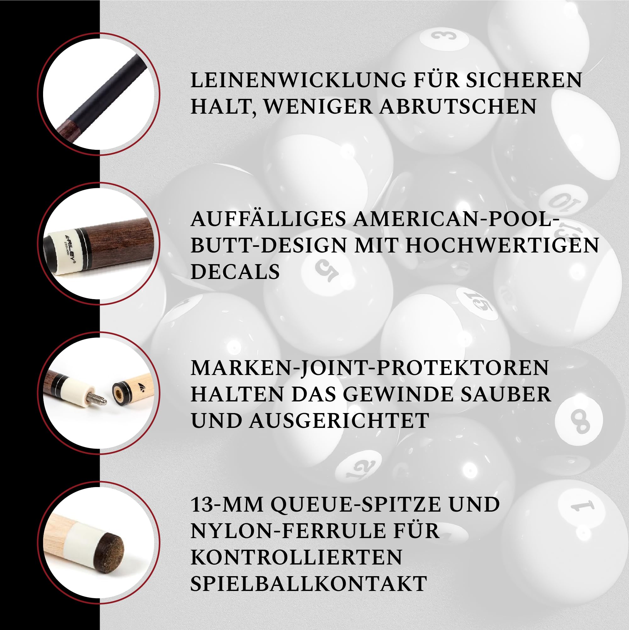 Riley Amerikanischer Billardqueue mit Kunstleder-Griffabschnitt, 58 (147 cm), 13 mm Spitze