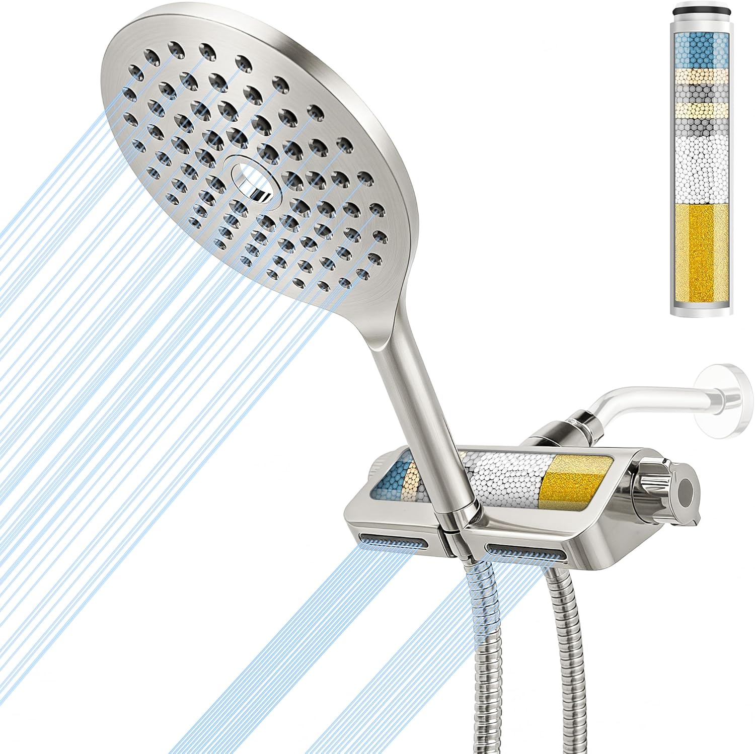 Handheld Shower Head with Filter High Pressure 2-in-1 Dual Spa System 7.5" Rainfall Filtered Showerhead Water Softener Filters for Hard Water 59" Stainless Steel Hose Matte Black