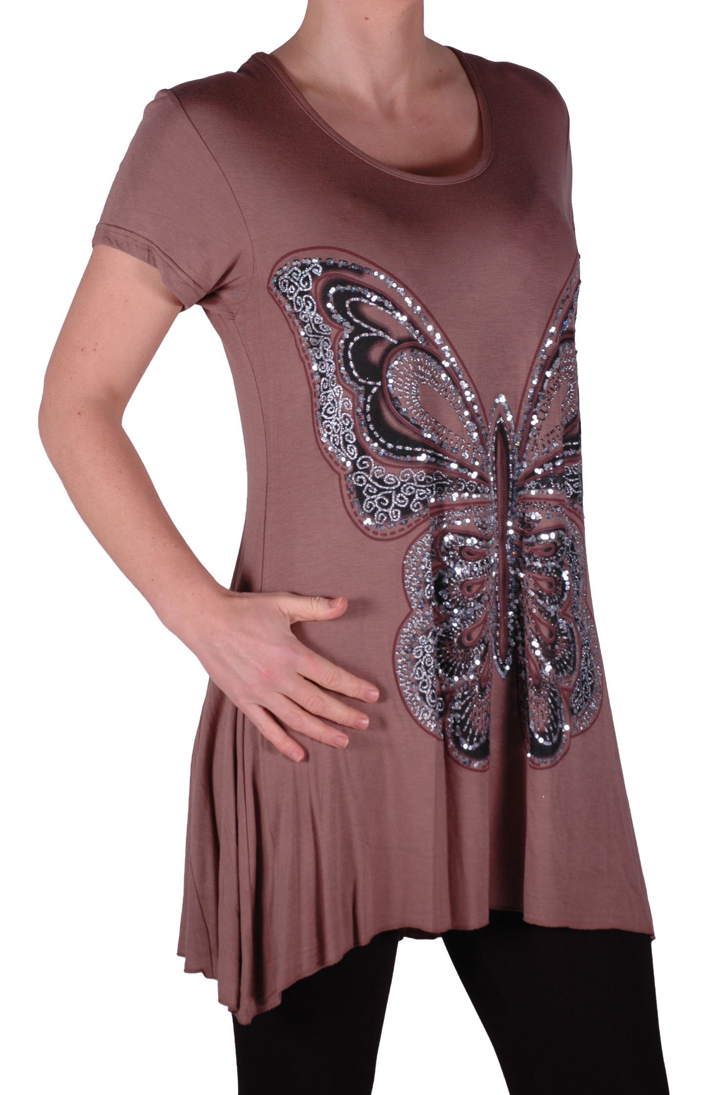 Eye Catch Plus - Butterfly Motif Long Womens Short Sleeve Loose Stretch Ladies Top Mocha Size 14