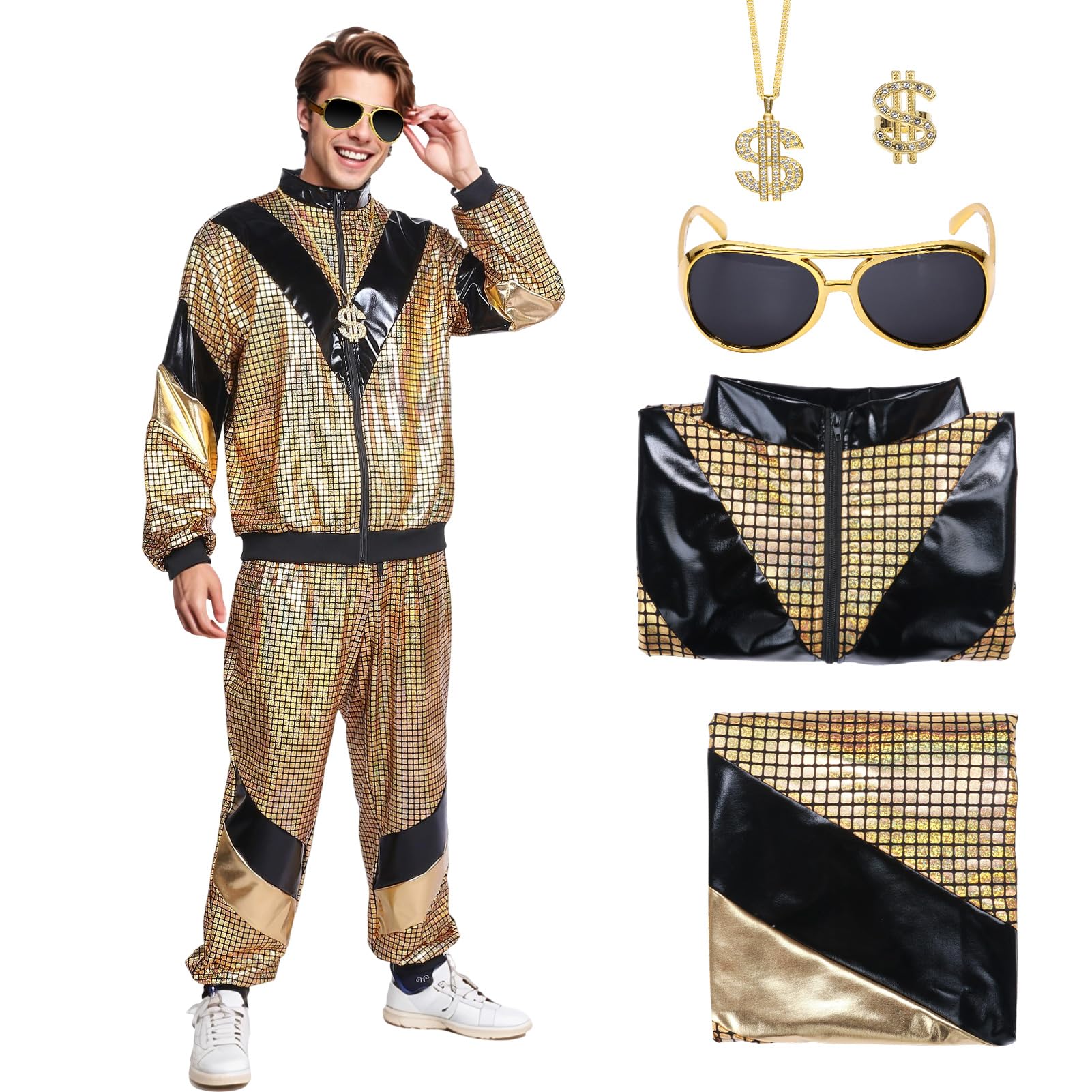 Antsparty Shell Suit Costume for Men Women, 80s Fancy Dress Set with Accessories, Retro Disco Tracksuit Outfit for Party