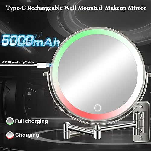 Miniatura 3 de 9" Large 15X Rechargeable Wall Mounted Lighted Makeup Mirror Nickel, 5000mAh HD Magnifying Mirror with 3 Color Bright Lights Touch Screen Dimmable