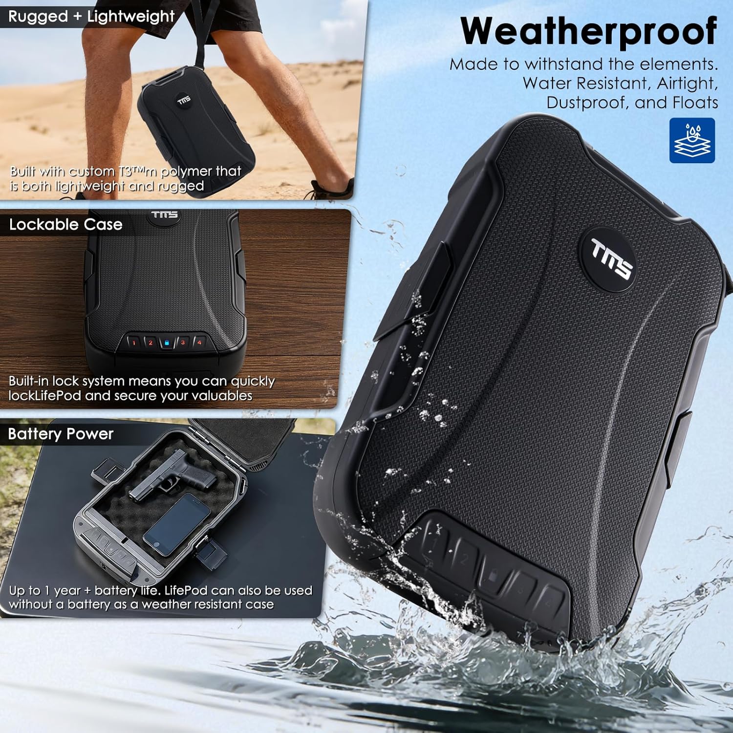 TMS Pistol Safe with Built-In Lock, Backlit Keypad, CypherCase 1.0, Waterproof Storage Case for Travel Gun Safe for Hand Gun/Black - Image 4