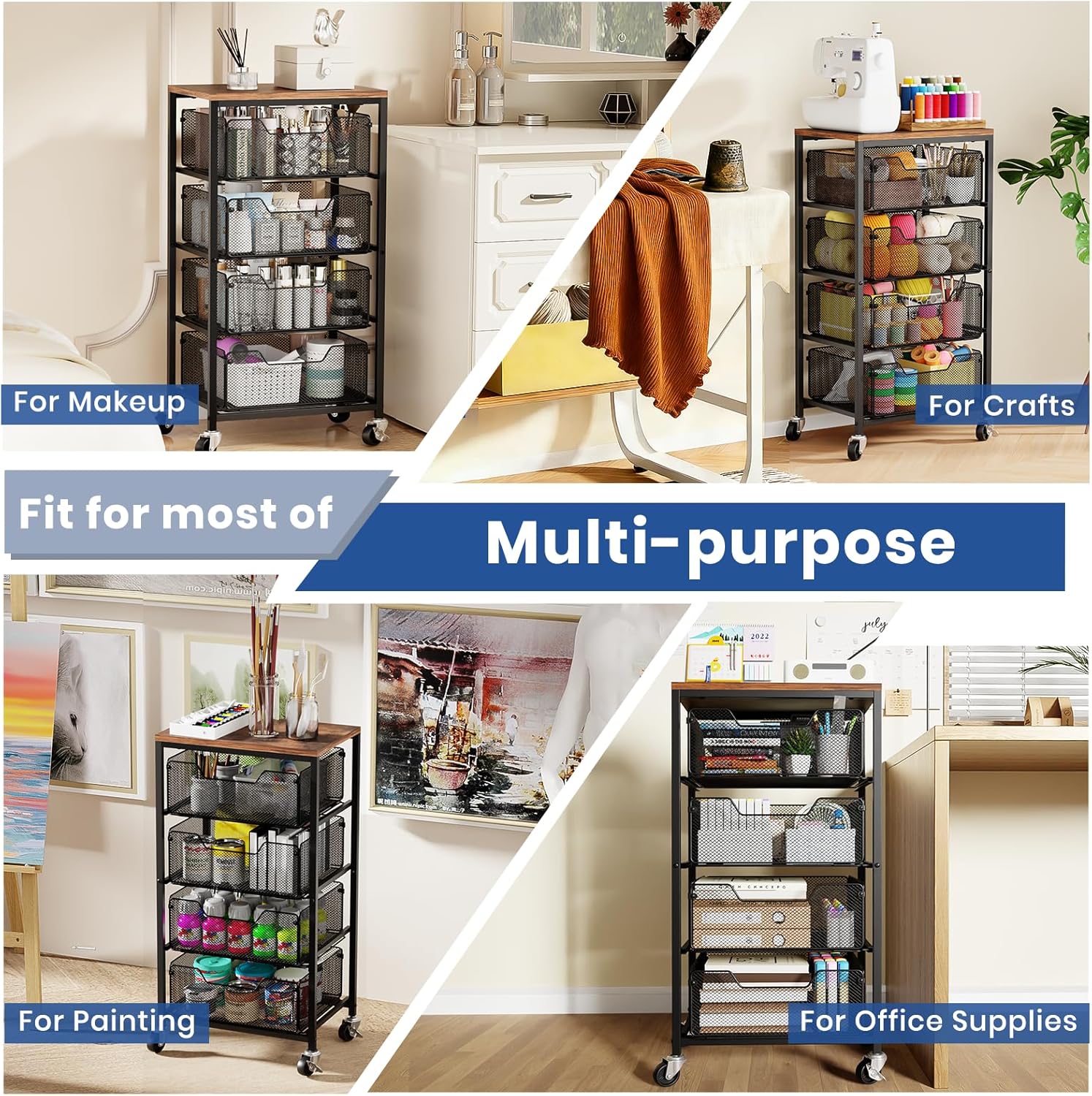 Goovilla Kitchen Cart with Drawers, 4 Tier Metal Rolling Utility Cart Organizer on Lockable Wheels with Wooden Top, Black Fruit Vegetable Storage Rack Also for Cans, Snack, Craft, Art, Office, Beauty