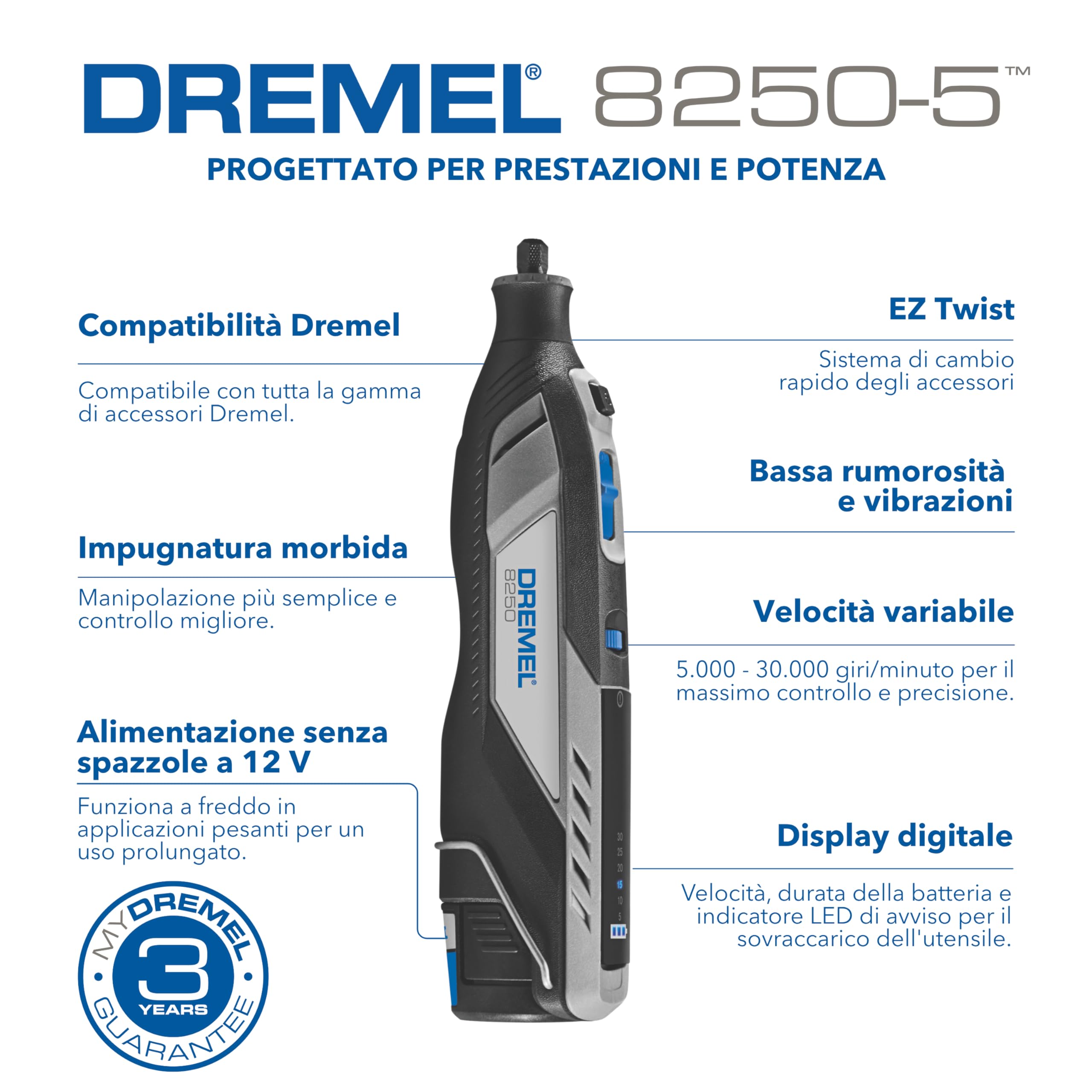 Dremel 8250 Multifunzione Rotativo Senza Fili 12V Brushless 5.000-30.000 giri/min con Dremel Box, 65 Accessori, 5 Accessori Aggiuntivi, 2 Batterie+Caricabatterie per Smerigliatura, Foratura, Fresatura