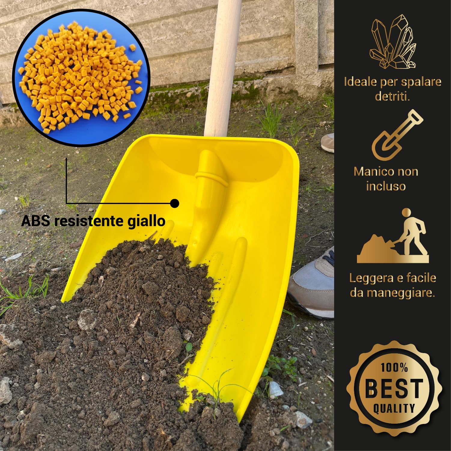 CRISALIDE® Badile in ABS Giallo – Pala Professionale Leggera e Resistente per Neve, Terra e Detriti – Materiale Antiurto – Ideale per Giardinaggio e Lavori Domestici – Manico non incluso