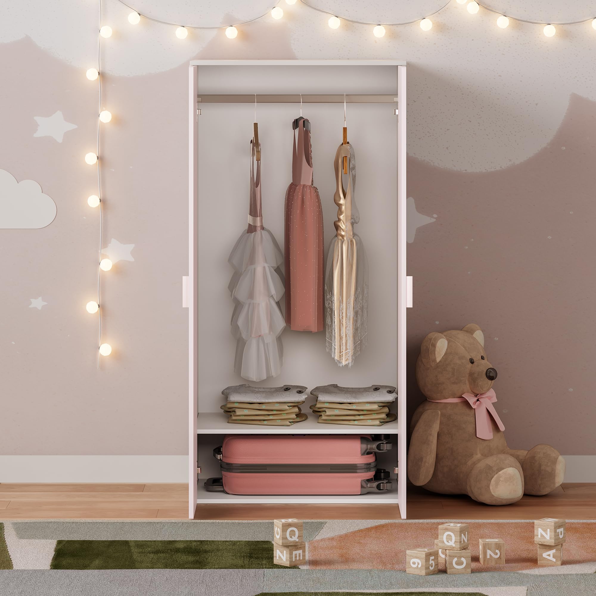 [en.casa] Armoire de Chambre pour Enfants Meuble de Rangement à 2 Portes Penderie pour Vêtements Stable Pratique Élégant Chambre d'enfant MDF Panneau de Particules 123 x 60 x 40 cm Blanc Rose