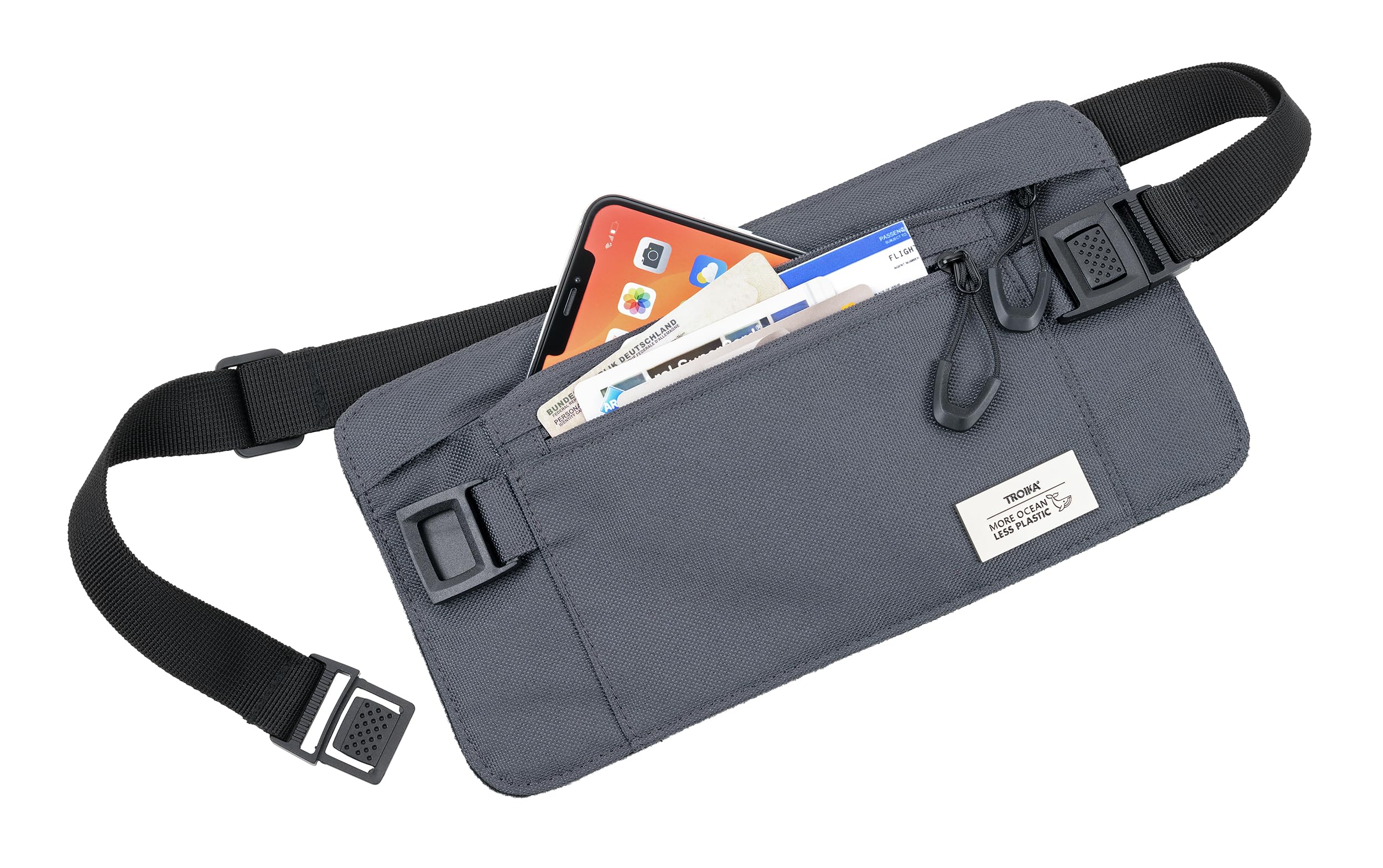 TROIKA Torba na pasek Blue Cycle Belt Bag – 1 kieszeń z ochroną przed odczytem – pasuje na bilety, smartfony, paszport, dowód osobisty, karty pokładowe, plastik morski z recyklingu, ciemnoszary,