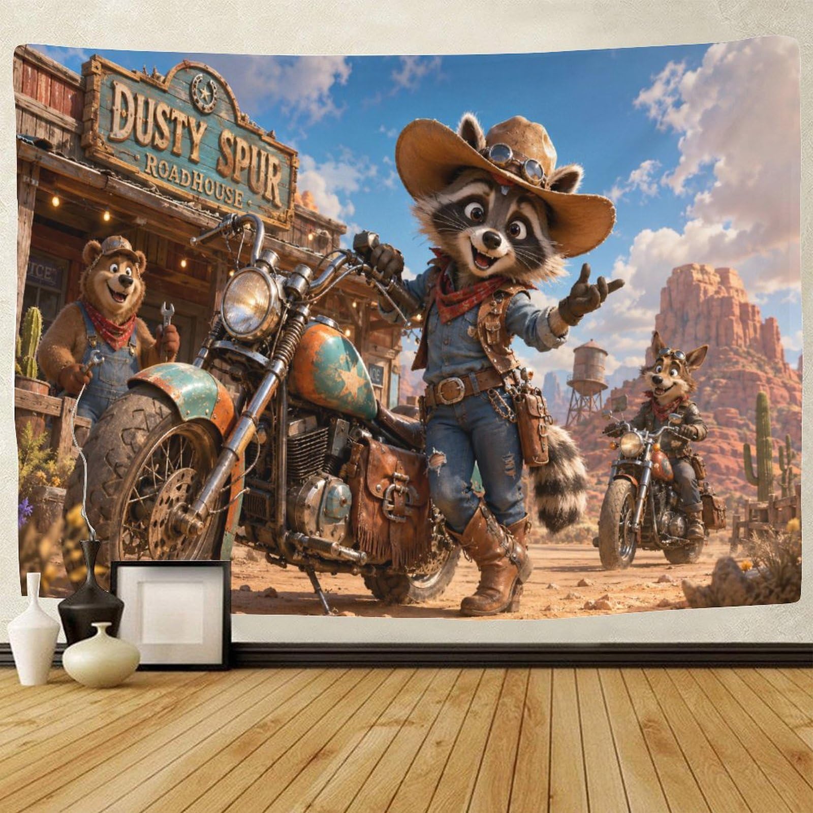 GPMNBCXZK Western Raccoon Cowboy 3D Print Wall Tapestry Wall Hanging Decor Tapestries Poster Curtain Living Room College Dorm 100cmx150cm