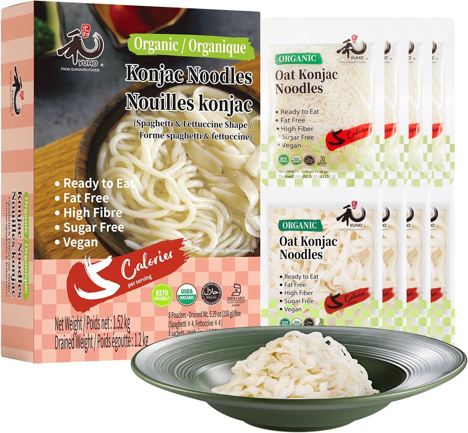 YUHO Organic Konjac Shirataki Noodles Spaghetti & Fettuccine 8 Pack Ready to Eat Oat Vegan Gluten Free Low Carb Calorie Sugar Free Plant-Based Soy Free Paleo and Keto Friendly 53.61 Oz Variety Pack