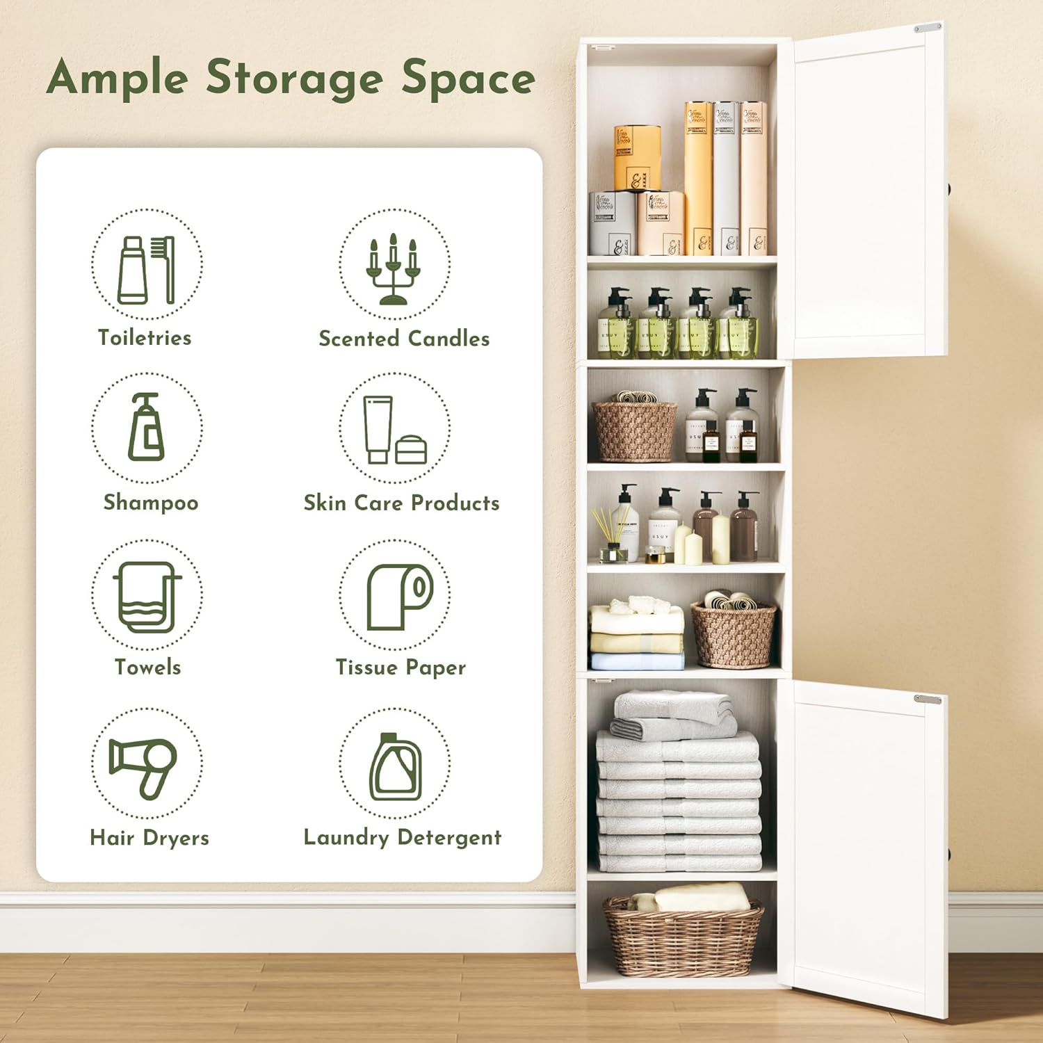70.8" Tall Bathroom Storage Cabinet with 2 Barn Doors, Narrow Storage Cabinet with Adjustable Shelves & Open Compartments, Slim Floor Cabinet for Bathroom, Kitchen, Entryway, Living Room, White