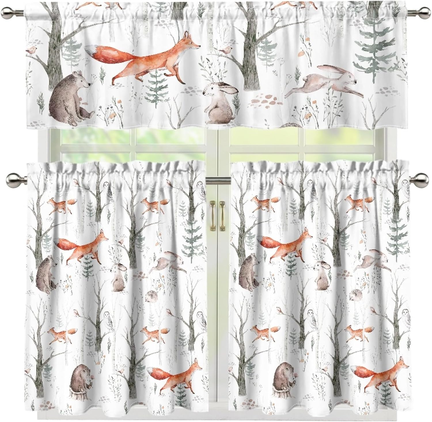 Fairy Tale Cartoon Animal Valance Curtains, Cute Fox Bear Rabbit Watercolor Forest Print Pattern Decor Window Treatments, Rod Pocket Drapes for Living Room Kids Bedroom, 54x18in 1P+27x36in 2P