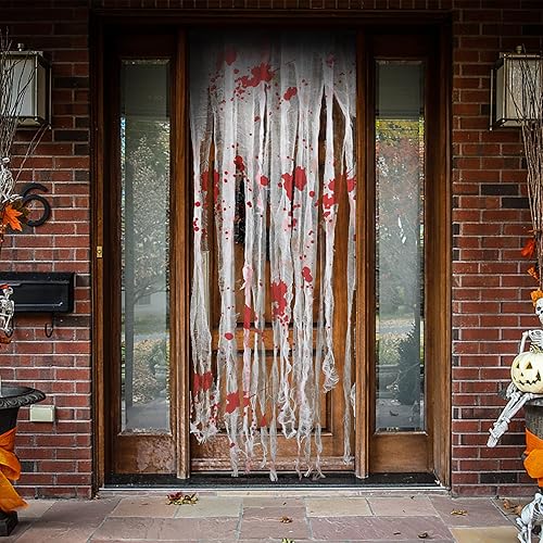 Miniatura 7 de Watayo 8 piezas de cortinas de puerta de Halloween, cortina sangrienta de 65 x 39 pulgadas, cortina espeluznante para decoración de casa embrujada