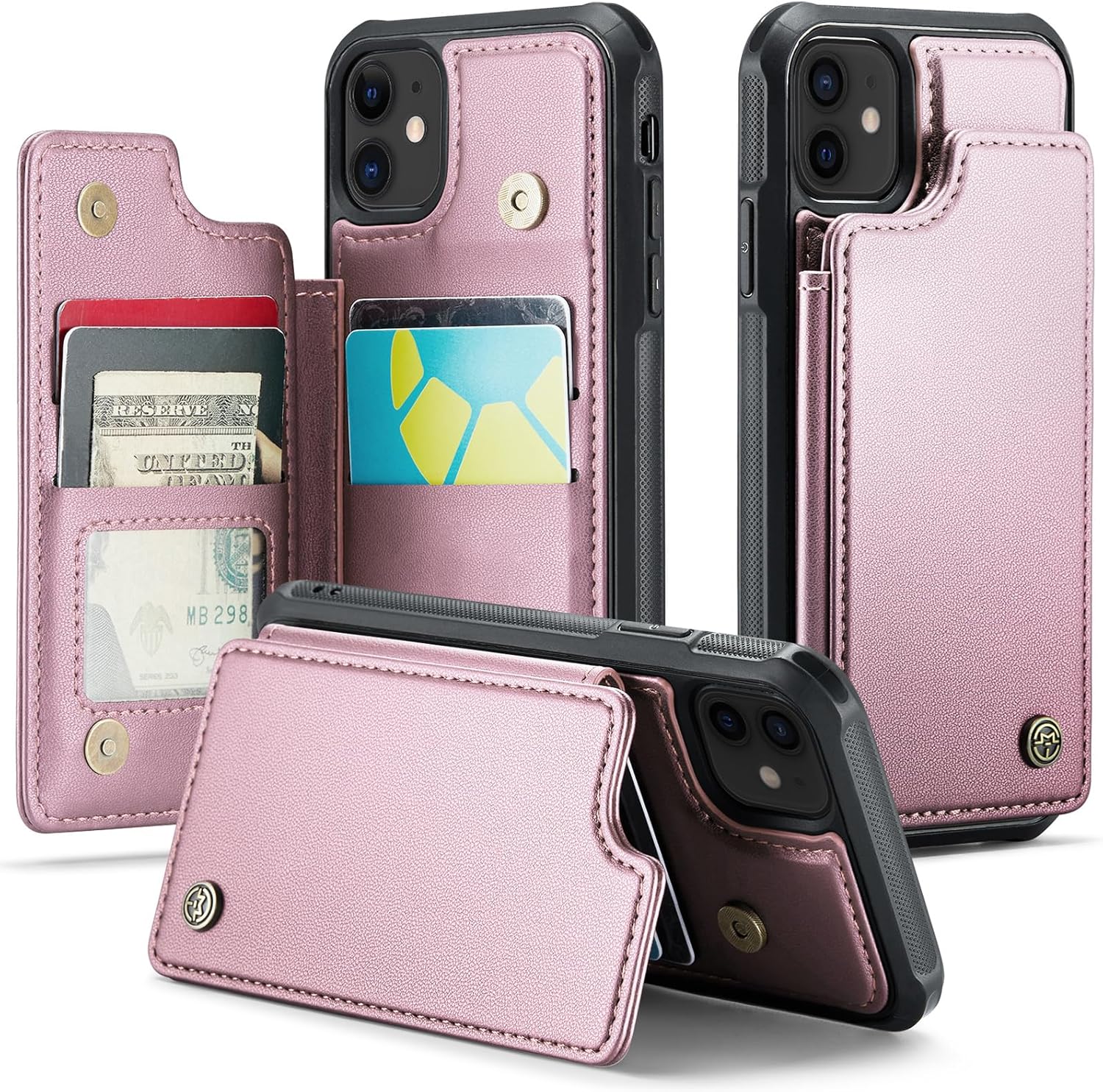 Compatible with iPhone 12/12 Pro Wallet Case with Card Holder RFID Blocking for Women Men, Double Magnetic Clasp Kickstand Shockproof Phone Case Fit for iPhone 12/12 Pro, Rose Gold iPhone 12/12 Pro - 6.1" Rose Gold