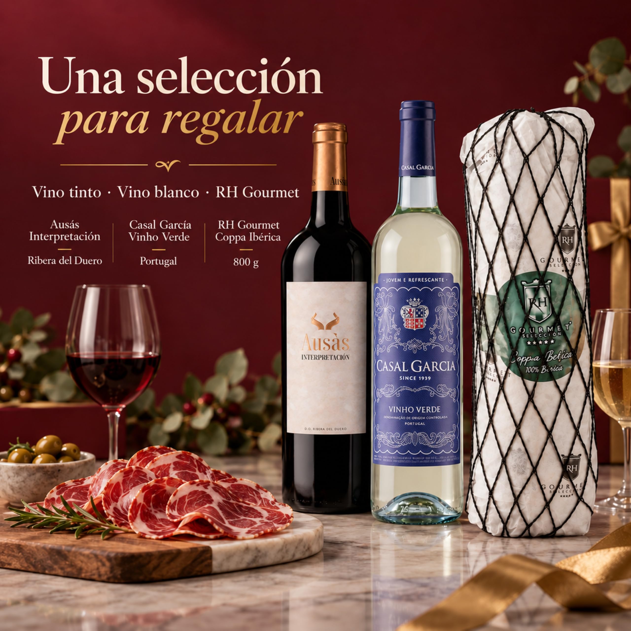 Cesta gourmet Navidad Ausás Interpretación y Casal García Vinho Verde con coppa ibérica de bellota 100% 800 g RH Gourmet, pack de 2 botellas 75 cl