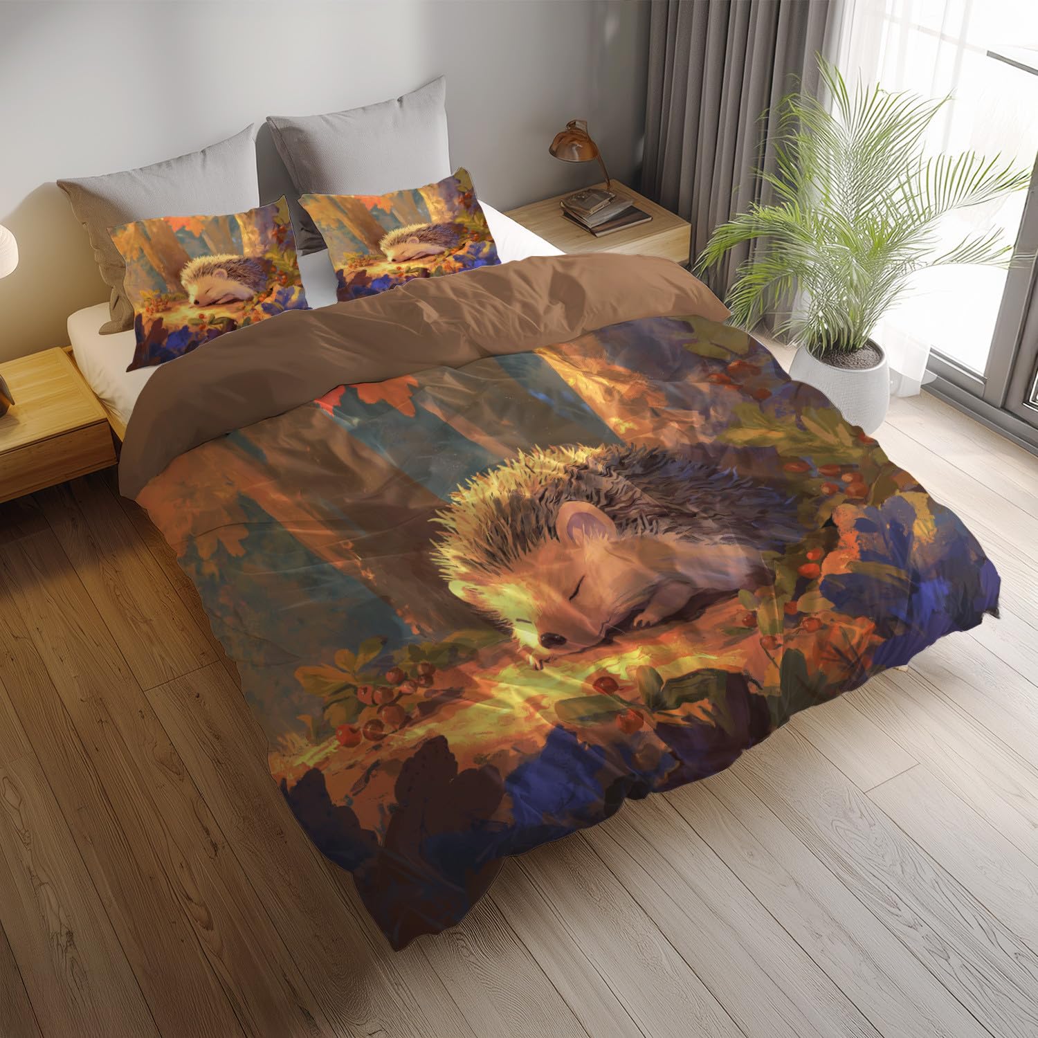Super King zestaw pościeli premium z mikrofibry 135 x 200 cm, mandarynkowa pomarańczowa, ultrasoft, hipoalergiczna, dwustronna, 3-częściowy zestaw pościeli, zwierzęta jeż, jesienny las, poszewka na