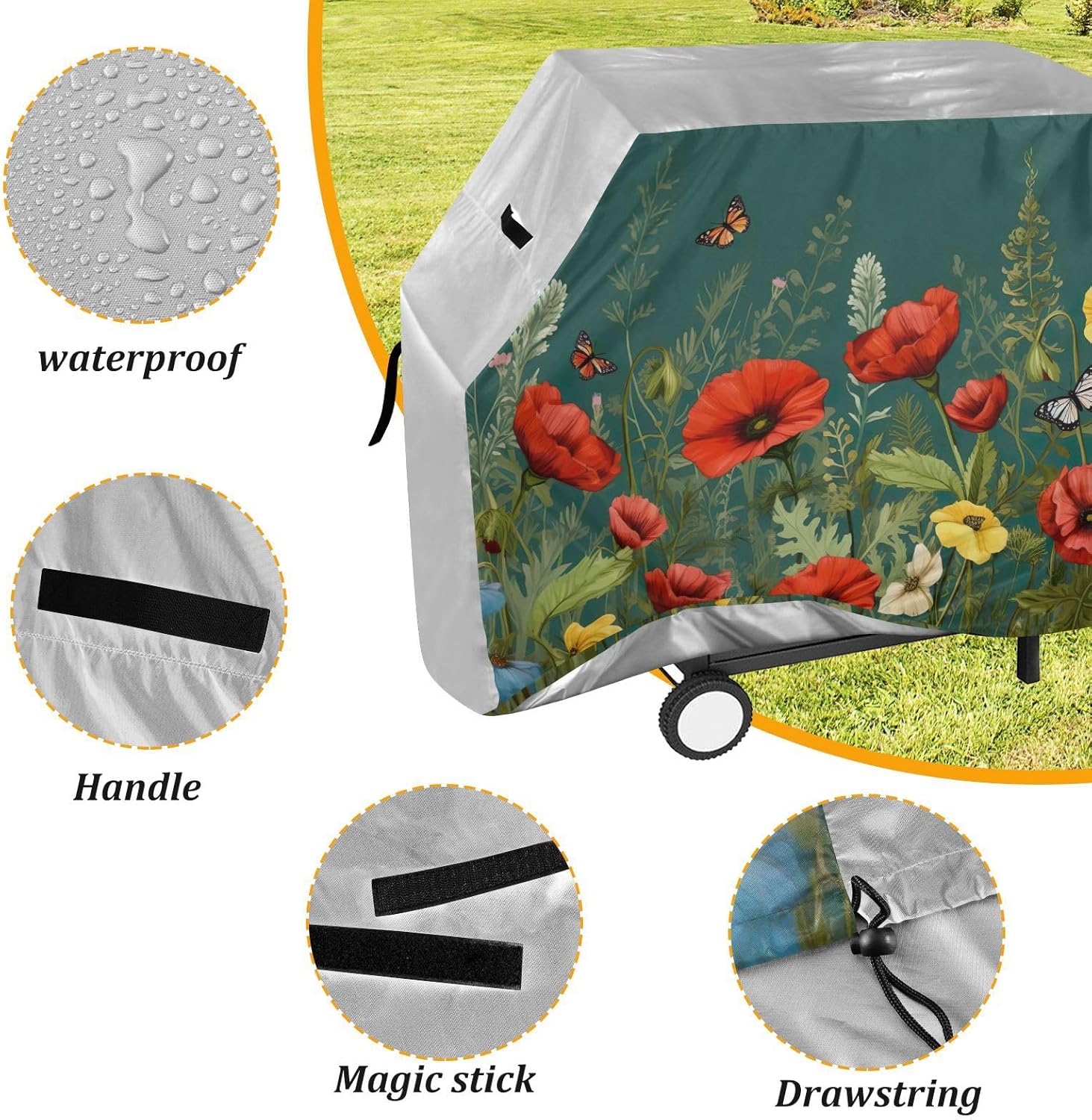 Kigai Colorful Flower Grill Cover 65 Inch Heavy Duty Outdoor Barbecue Cover Waterproof BBQ Gas Grill Cover with Adjustable Straps for Most Grills