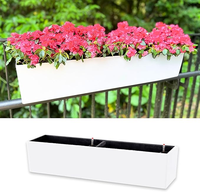 LaLaGreen 40" Hanging Planter Box With Self-Watering System - White, Rectangular, Includes Brackets