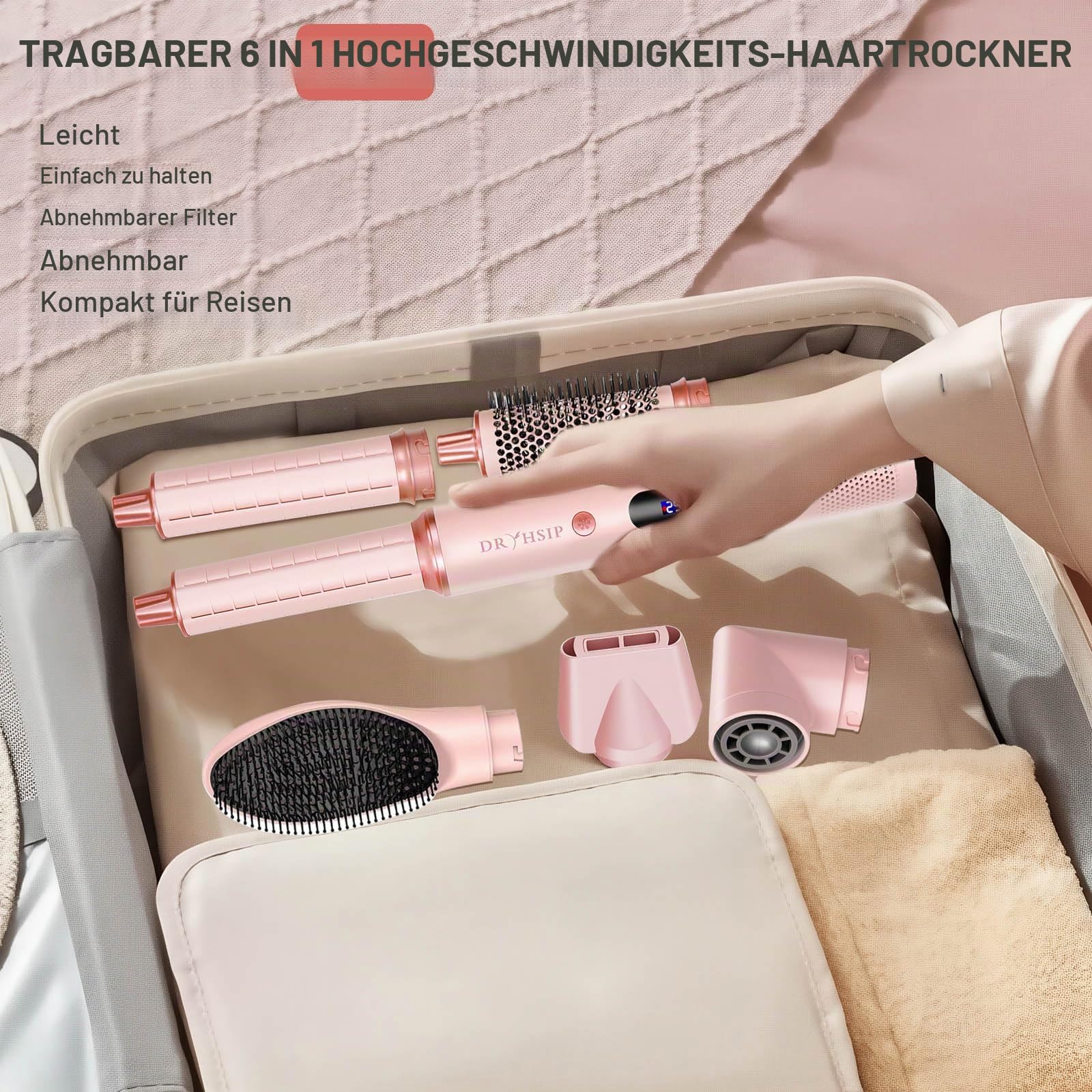 Dryhsip Warmluftbürste, 6 in 1 Hairstyler, Föhnbürste mit Negativ-Ionen-Technologie, Airstyler mit Diffuser Haare Föhn, Glätten,Lockenstab Automatisch, Haarglätter,Flex Temperaturen, Eurostecker