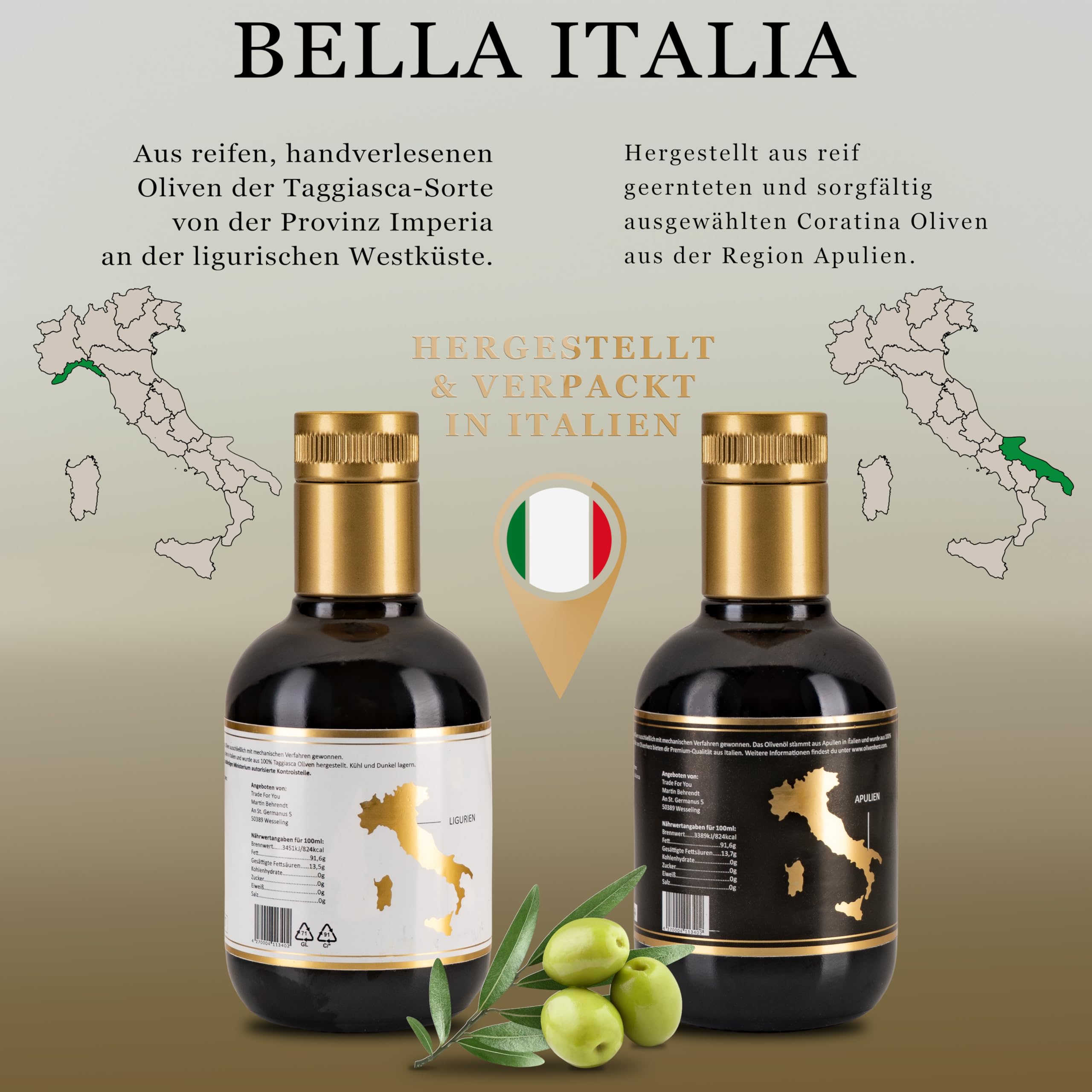 Italienisches Olivenöl Natives Olivenöl Extra Premium Qualität Geschenkset 2 x 250 ml Glasflaschen