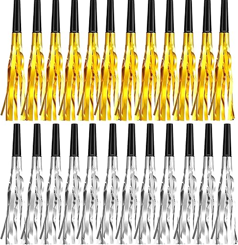 24 piezas de ruidos para adultos y niños, cuernos de fiesta dorados y plateados con purpurina metálica con flecos, sopladores de ruido para