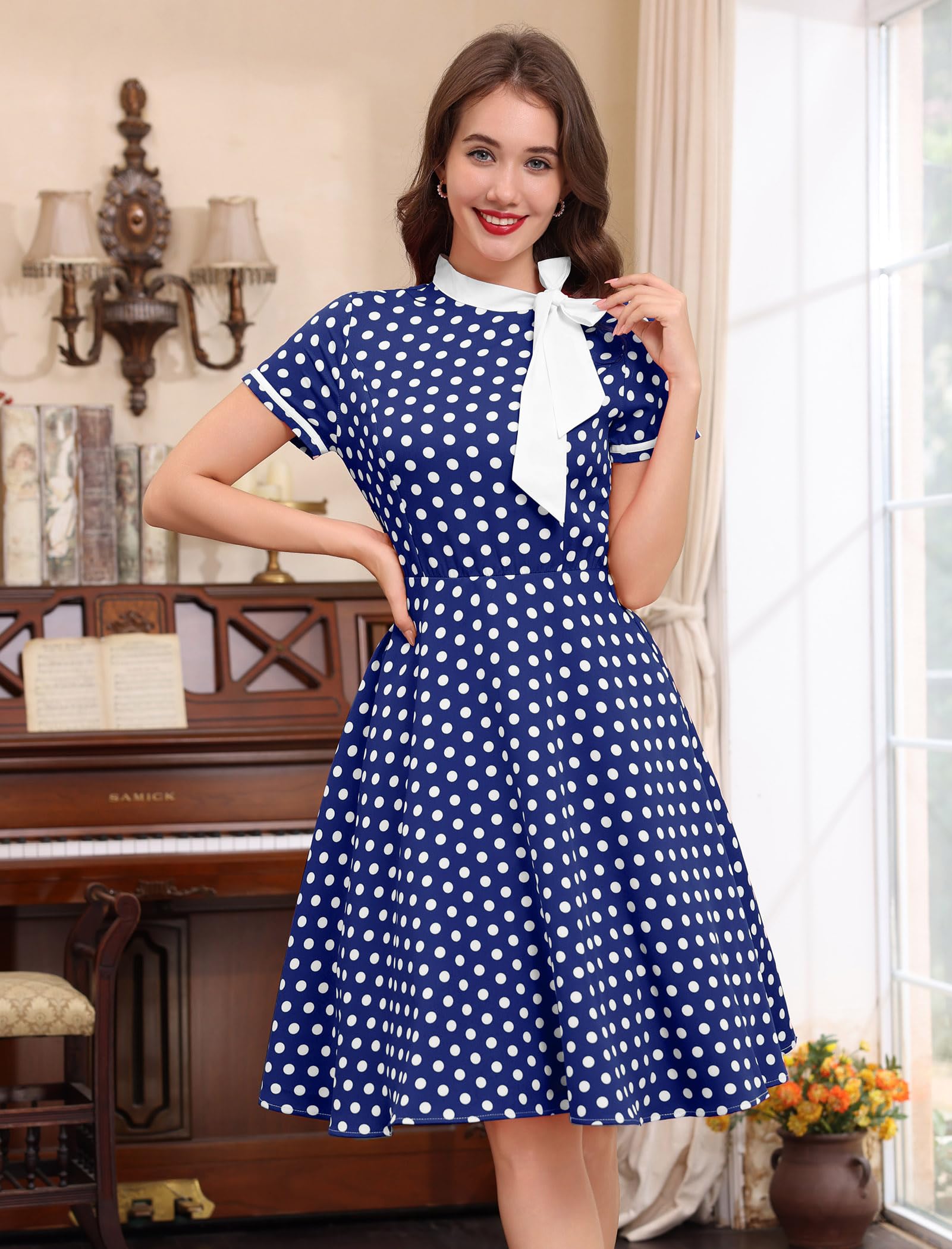 Abito da donna in stile anni '50, vintage, a pois, con fiocco, per lavoro, stile Audrey Hepburn, Rockabilly, cocktail party, Blu reale, S